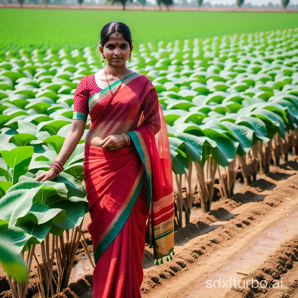 indian women on red saree working in farm