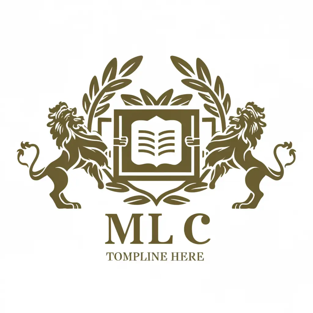 a logo design,with the text "MLC", main symbol:Laurel  wreath with the book in the middle. Under it the sign MLC. Two lions from both side standing on two legs and keeping the sign with two others and the portrait of beautiful Jesus above it. Also in the book there  is an inscription " Fides et opus",Moderate,be used in Education industry,clear background