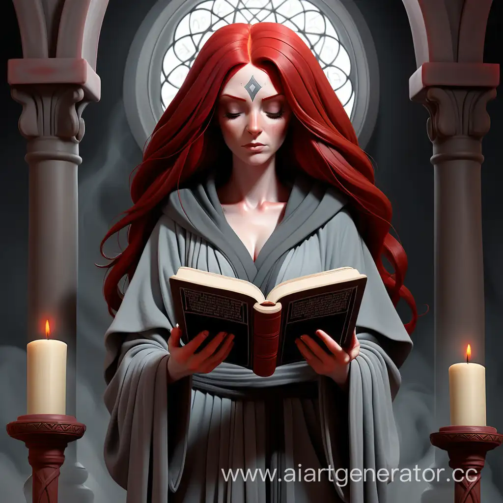 священнослужительница с русыми волосами в сером одеянии со священным писанием
