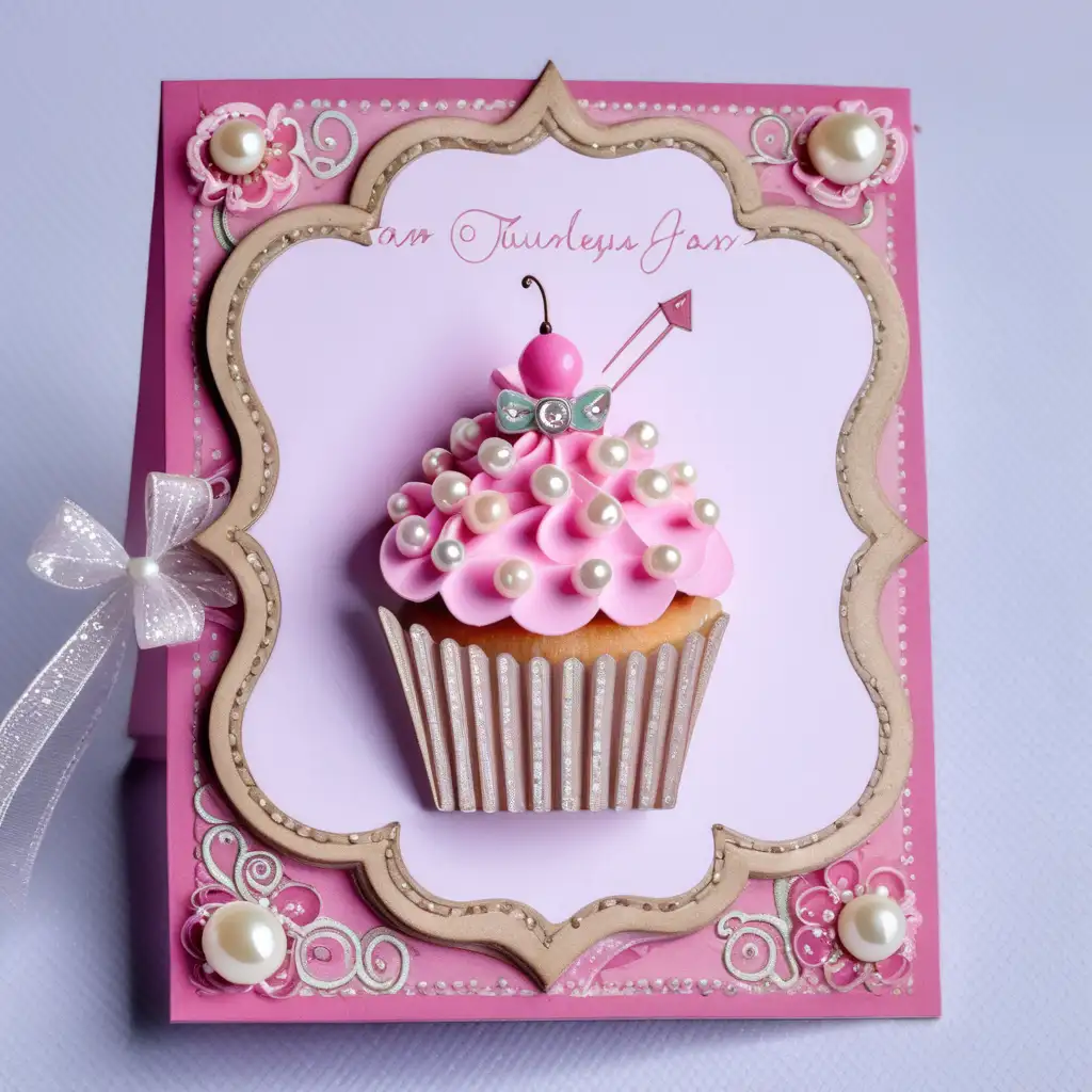 Handmade Scrapbooking Card Shaped Like a Pink Icing Cupcake with Pearls and Sequins