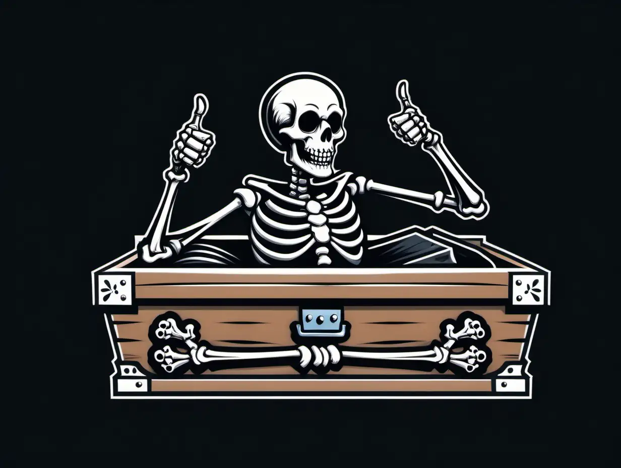 a skeleton laying in a casket , sticking his hand out and giving a thumbs up, clear background, logo design solid black color,