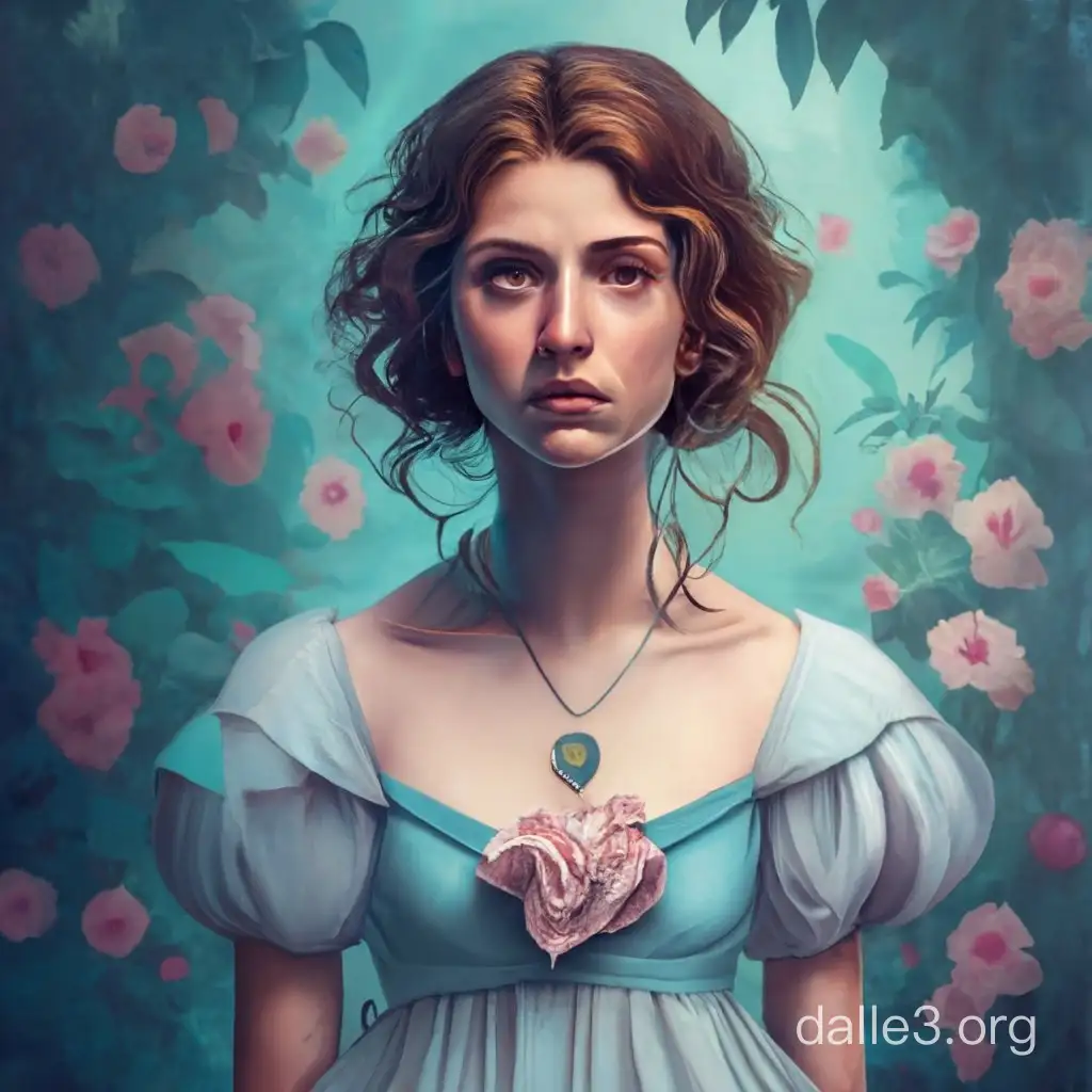 Generate an image of Isabella, a young woman in her early twenties, with a heart-shaped face adorned by hazel eyes, flowing chestnut brown hair, and a locket. She stands frozen in a pastel-colored nightgown, a symbol of her modest yet stylish taste. However, her expression is vacant, with eyes rolled up into her head, and her mouth open in a mindless stupor. Capture the eerie transformation caused by dark voodoo magic, emphasizing the haunting details of her appearance, like drool running down her chin and an overall sense of puppet-like motionlessness."