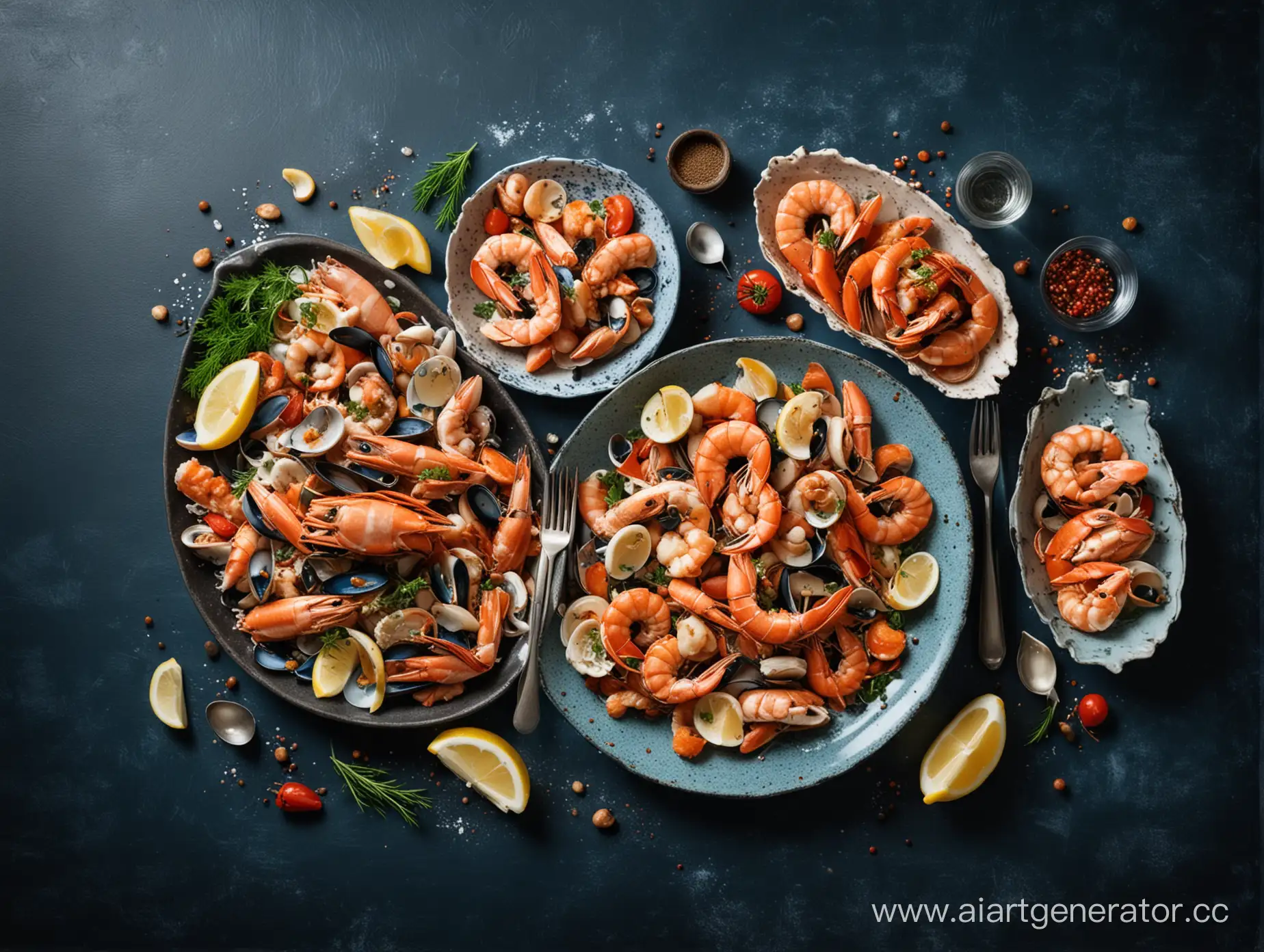 блюда из  морепродуктов на темно-синем фоне