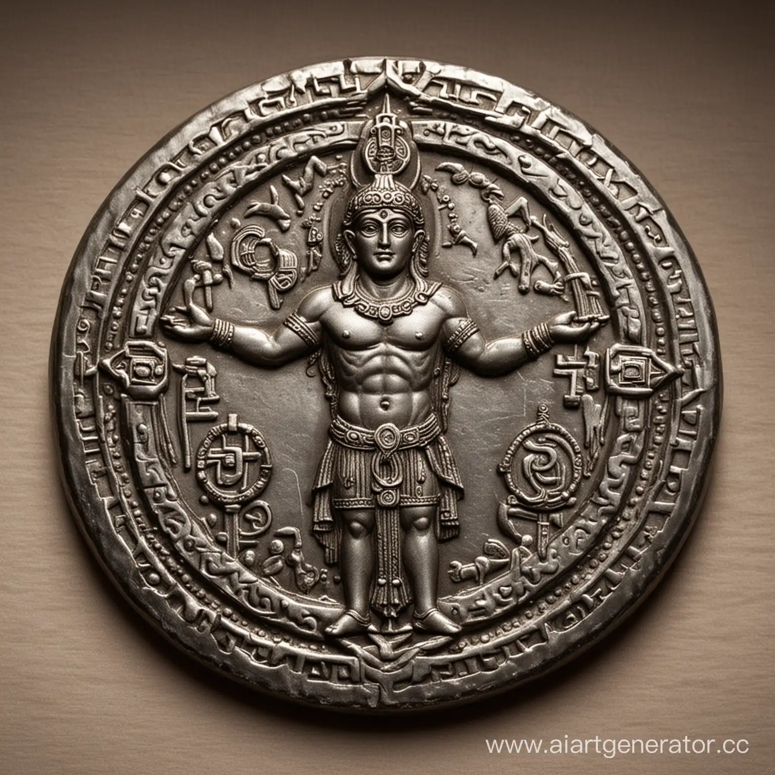 монета которая приносит удачу с мифологической символикой в руках бога
