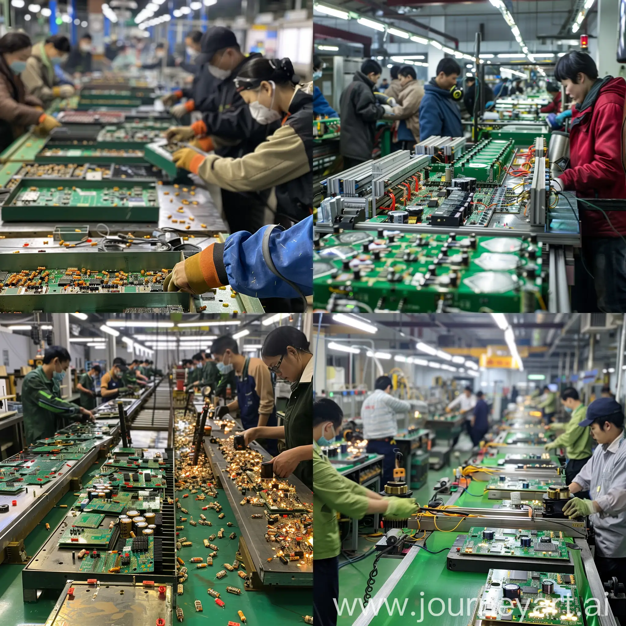An image of the production line of a gas detection company, where the photo includes people who are making electronic boards and also people who are busy turning the aluminum body of gas detection, and a real production space is produced.