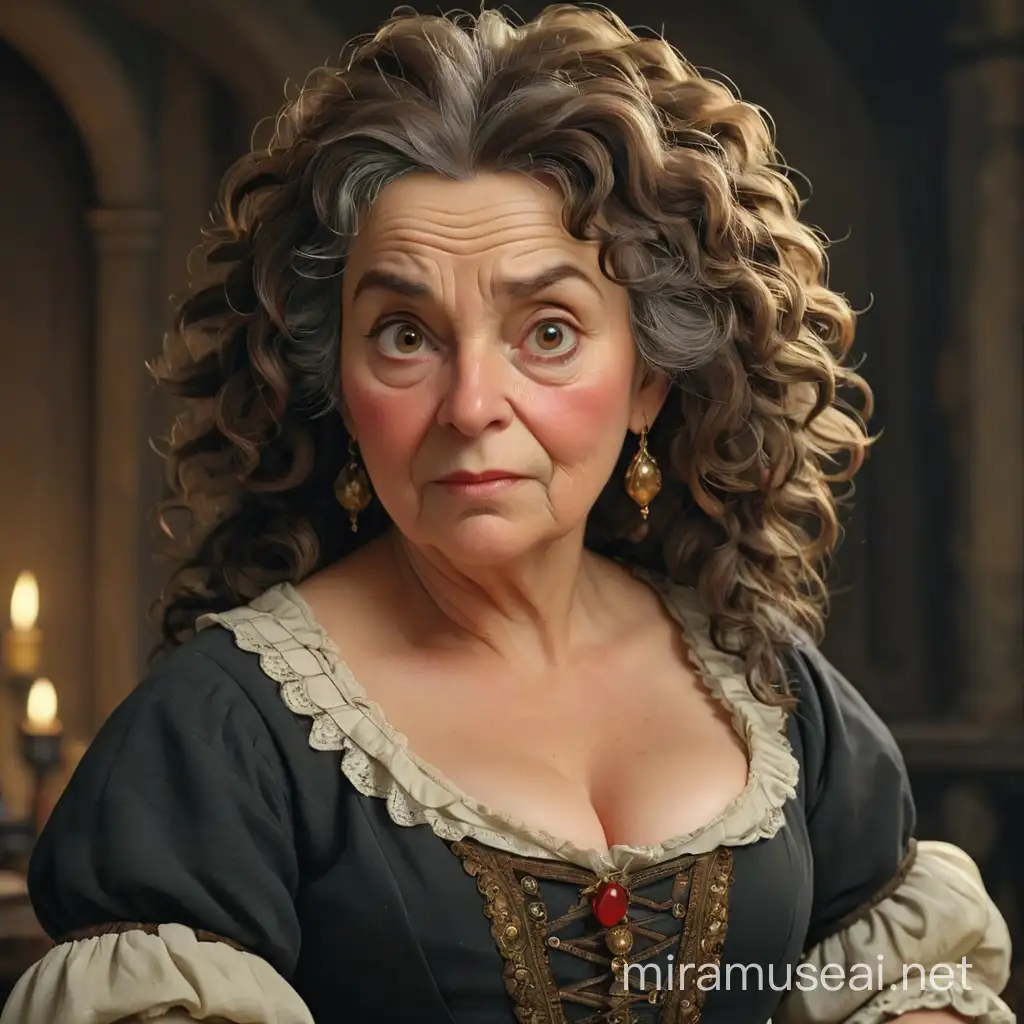 old and little fat 80 year old French whore from the 17th century. she has dark and slightly curly hair and with wild passionate desire. she has rich French clothes from the 17th century.  without background. realism style, 3d-animation