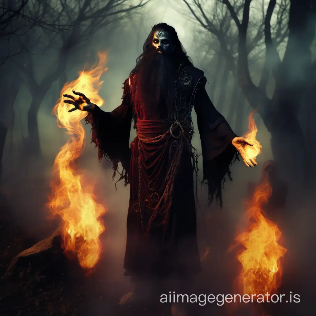 fantasy necromancer demonic embrace nature young druid demon slave long black beard full body fire magic