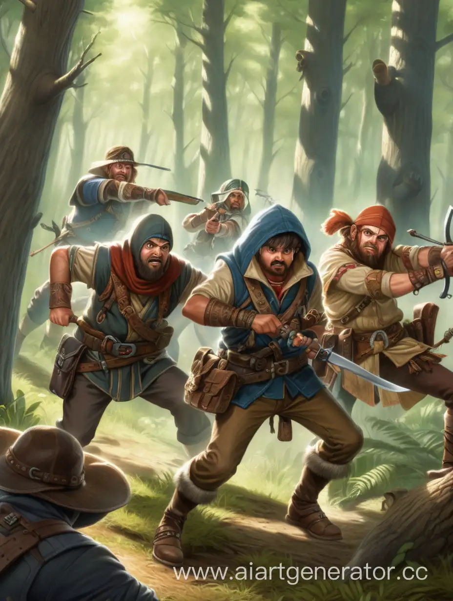 группа приключенцев сражается в лесу с разбойниками.