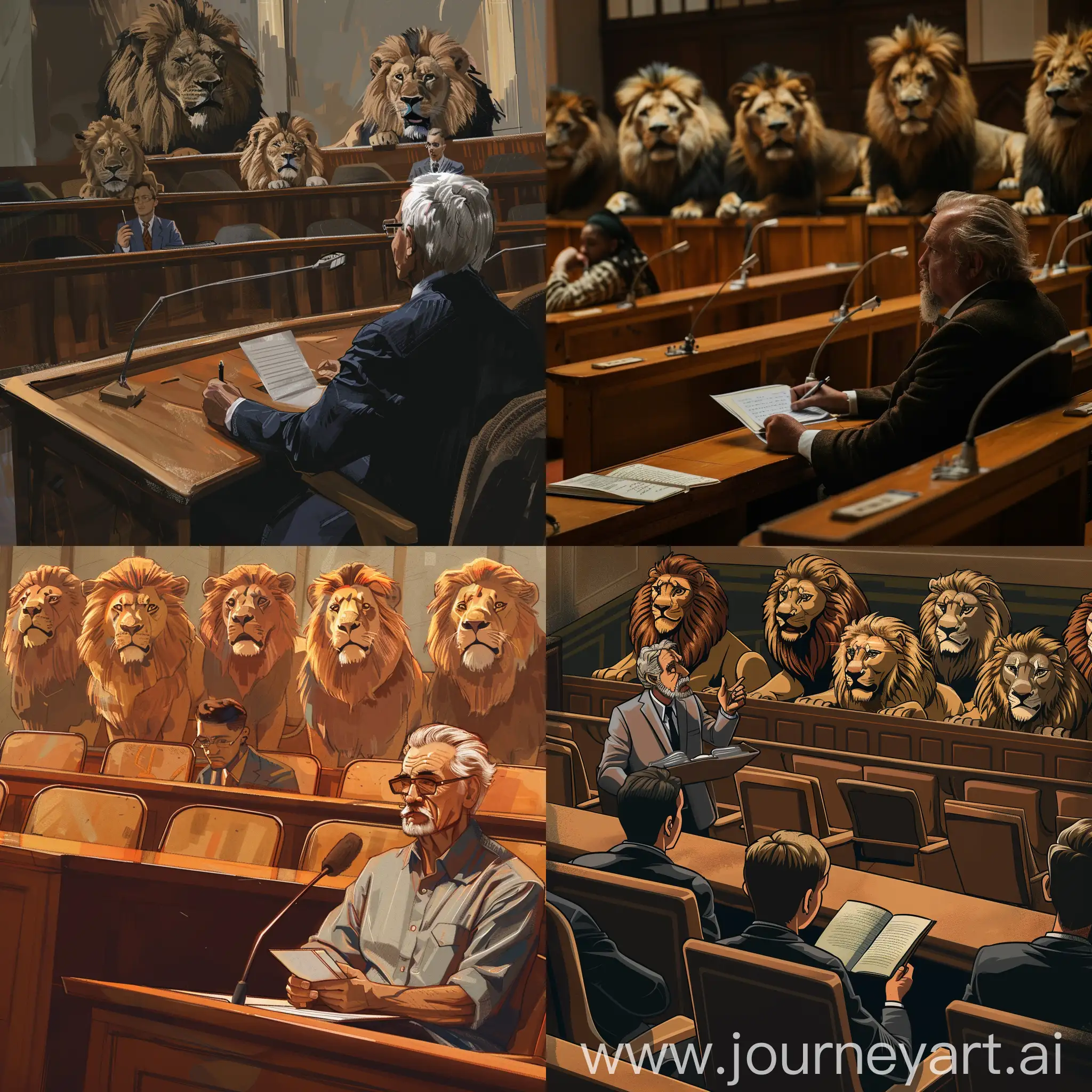a professor teaching at a university hall with lions behinds the seats, listening carefully and taking notes
