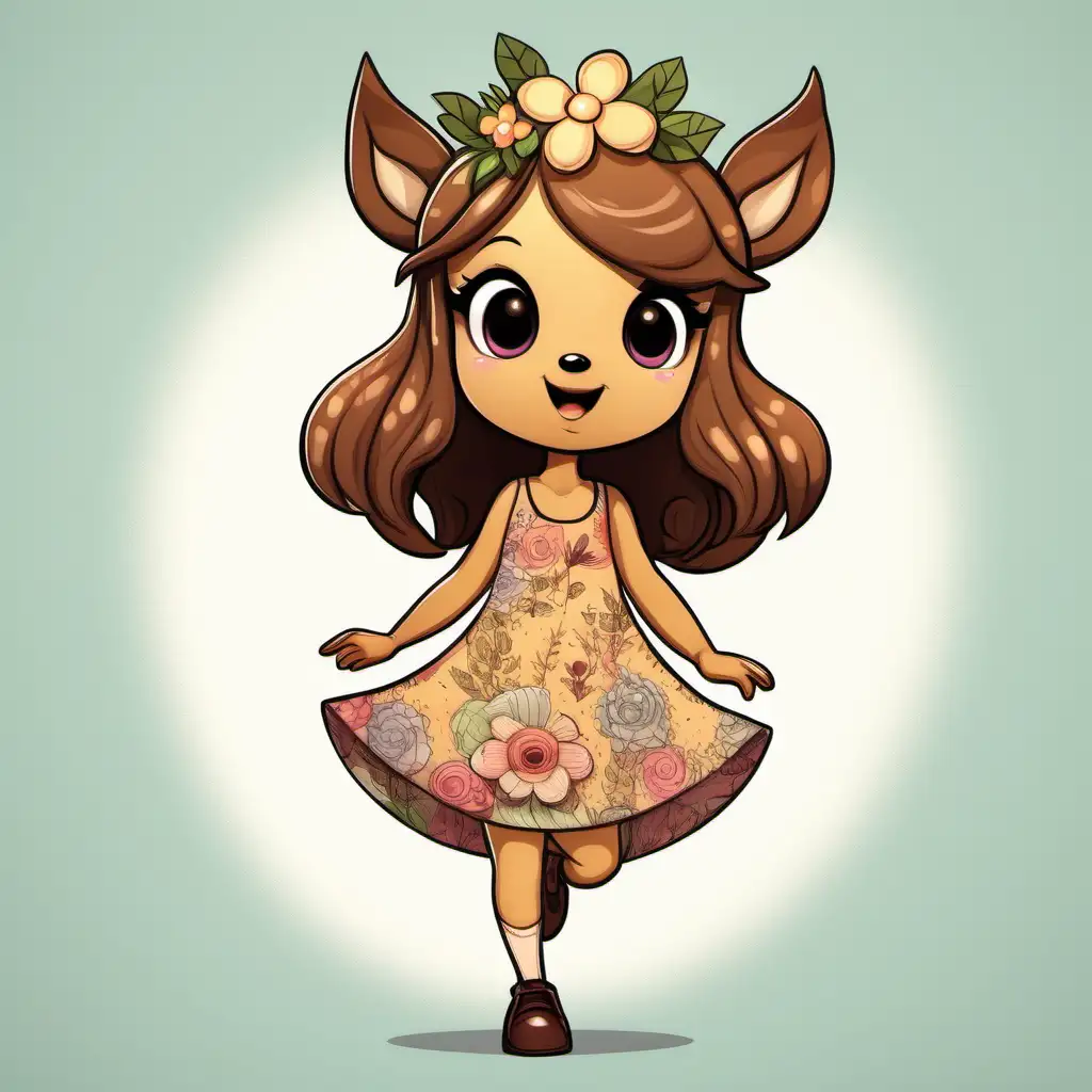 Energetic Little Deer Girl in Floral Dress Cartoon Style Illustration