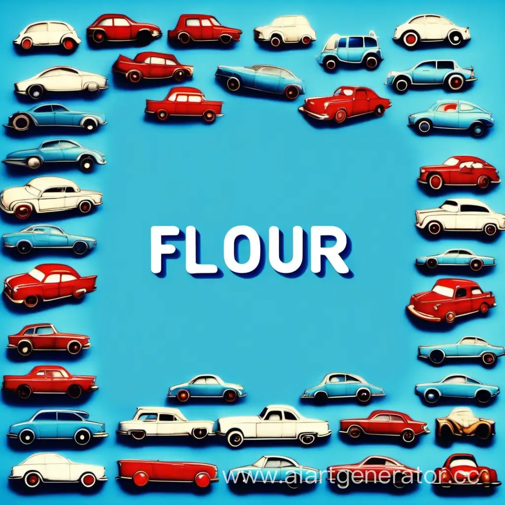 Машины на синем фоне с надписью Flour посередине
Для ютуба
