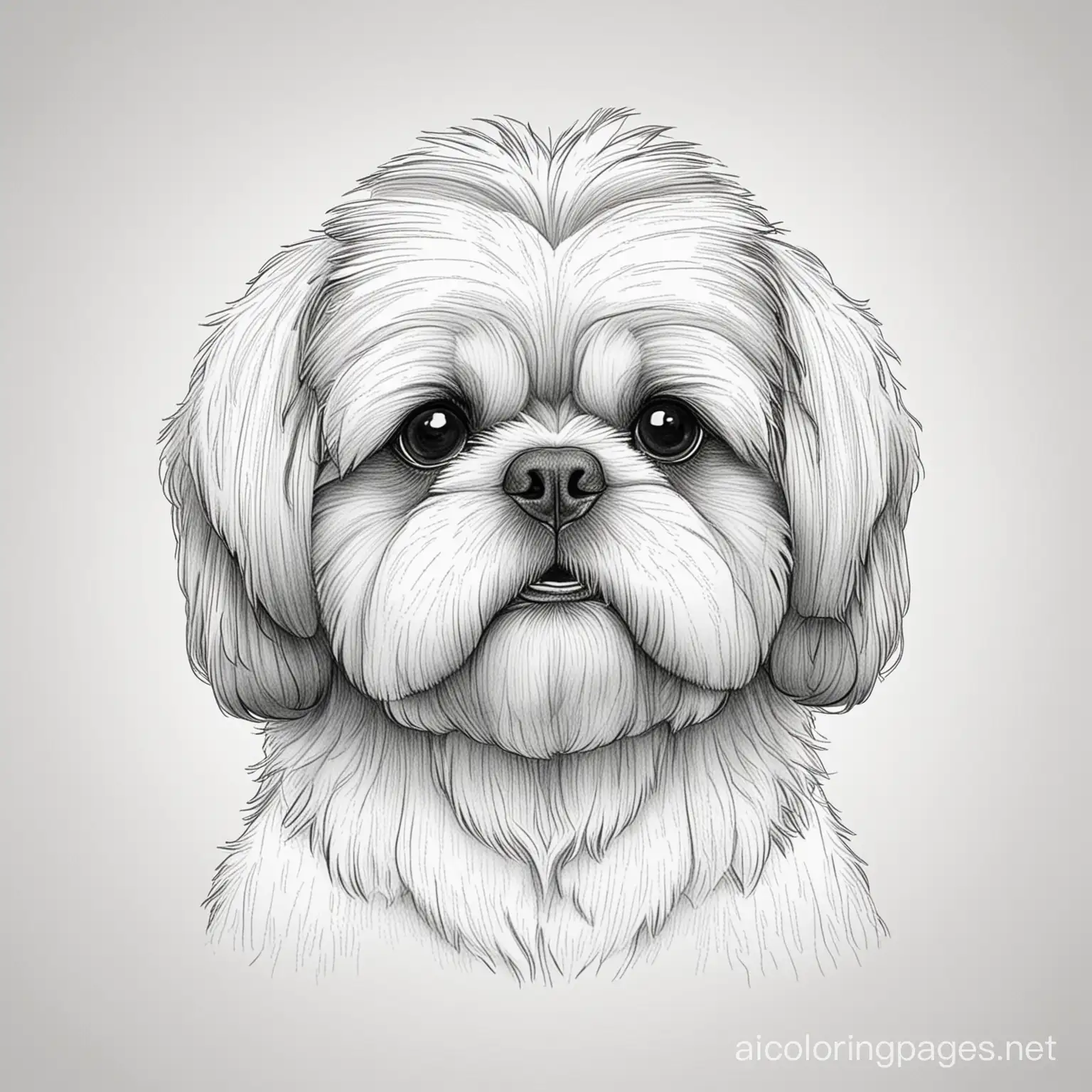 shih tzu mugshot, Coloring Page, black and white, line art, white background, Simplicity, Ample White Space. The background of the coloring page is plain white to make it easy for young children to color within the lines. The outlines of all the subjects are easy to distinguish, making it simple for kids to color without too much difficulty