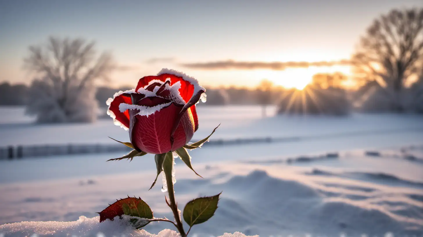 Frozen Red Rose in Snowy Sunrise