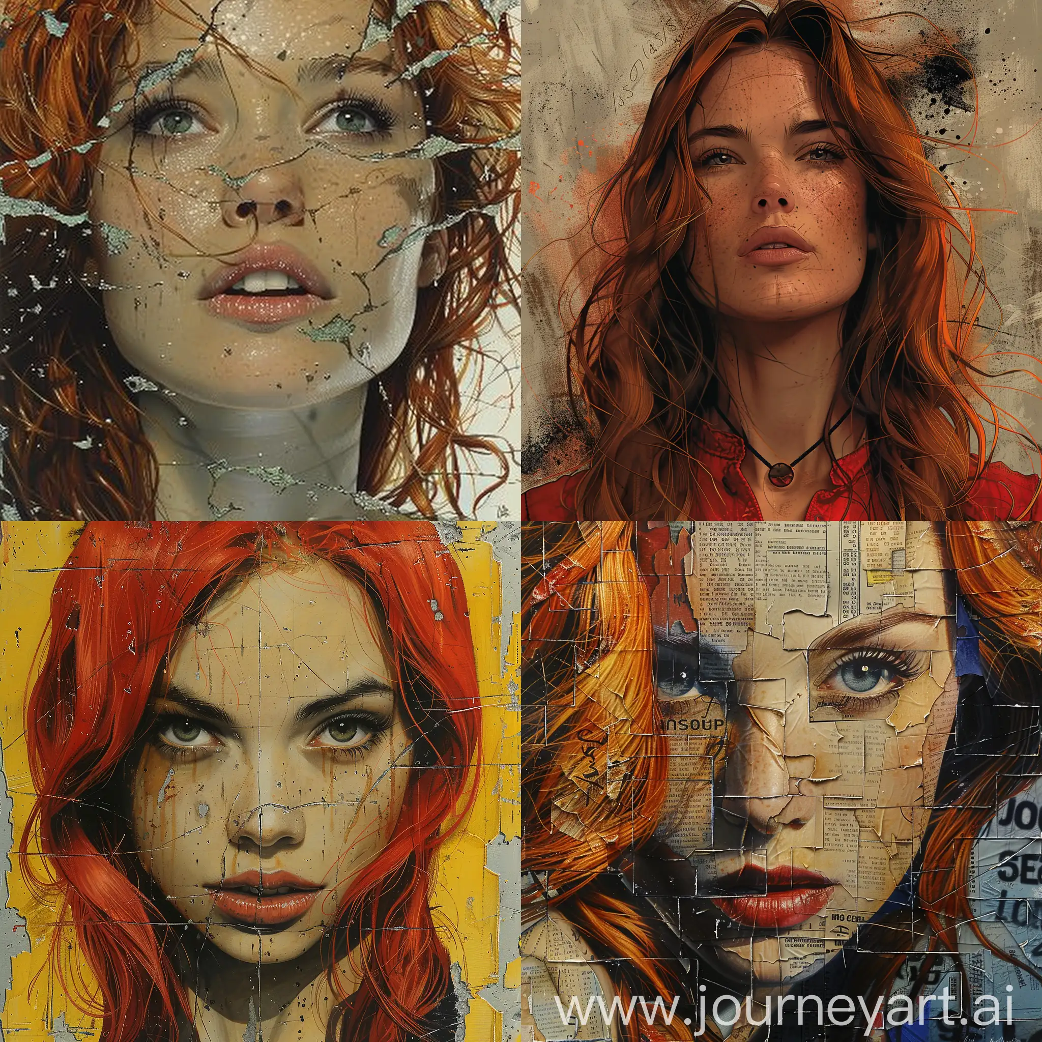 /imagine prompt: a red-haired woman with long hair torn apart in a paper collage, photo torn into several pieces forming her face, actress signature, comic book:: comicbook::3  --version 6 --stylize 400 