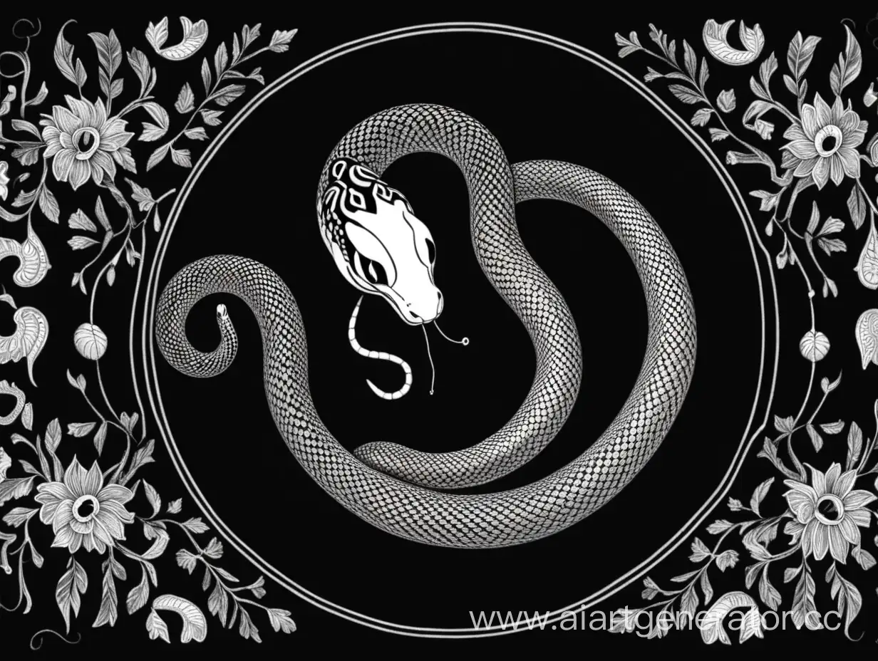 검은 배경에 매우 작은 동그란 원에 검은 뱀이 있는 주변에 뱀같은 걸로 꾸며진 멋진 느낌, 