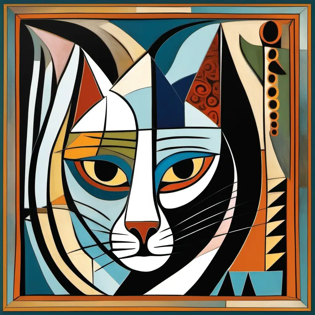 illustration of a cat, in the style of artist pablo picasso, cubism, surrealism
