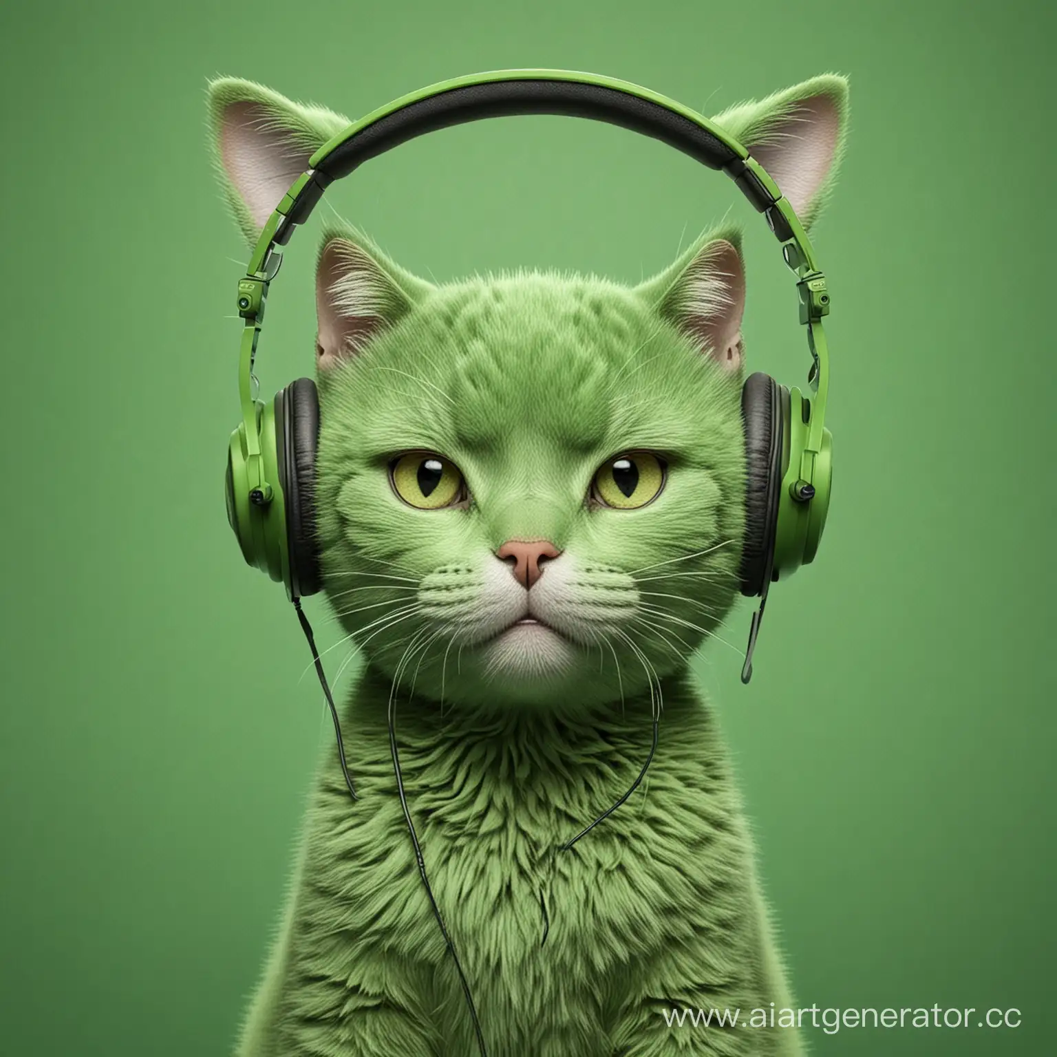 Green-Cat-with-Headphones-on-Vibrant-Green-Background