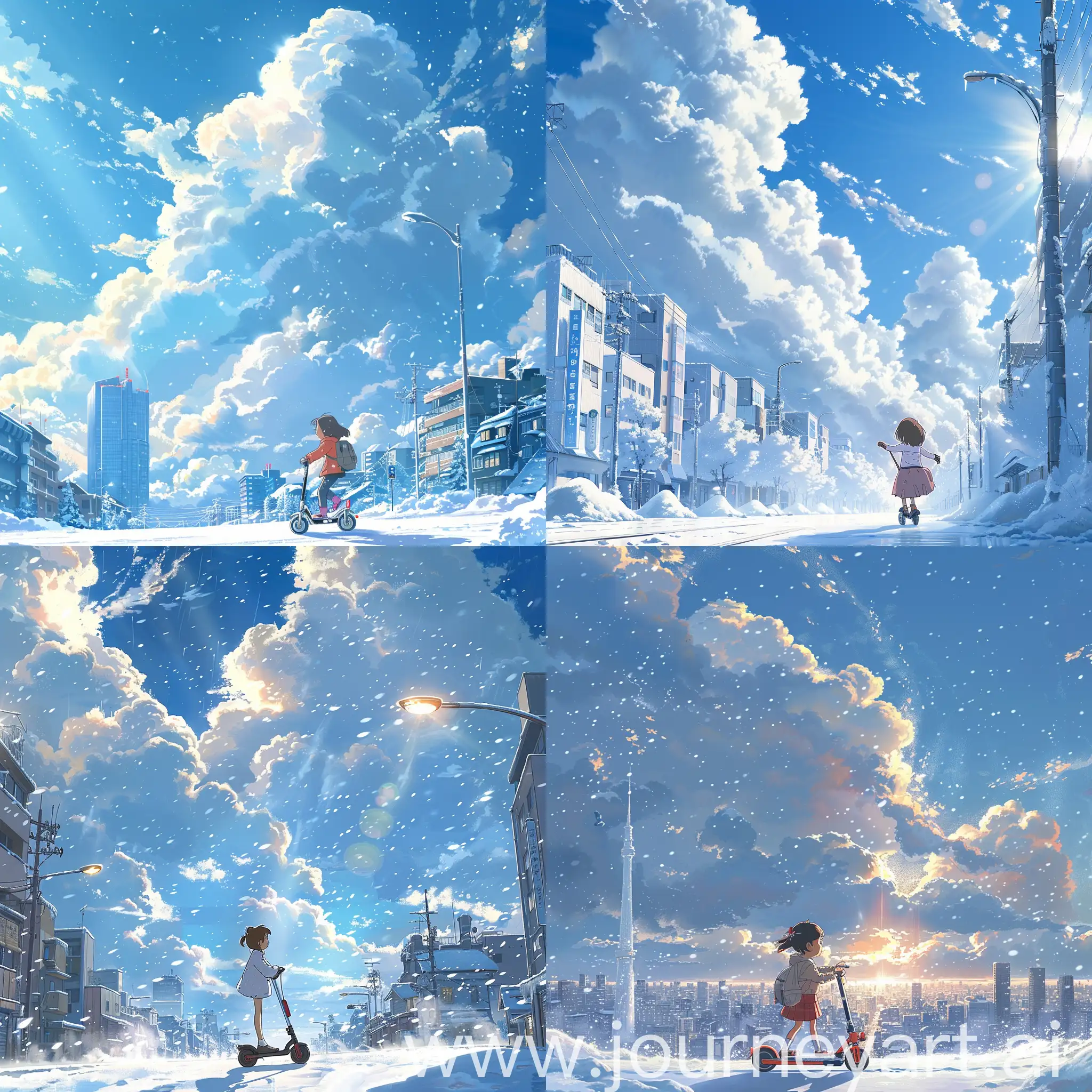 The little girl riding an electric scooter/bike, in a beautiful anime scene by Hayao Miyazaki: a snowy Tokyo city with massive Miyazaki clouds floating in the blue sky, enchanting snowscapes of the city with bright sunlight, Miyazaki's landscape imagery, Japanese art -- 16:9 --v 6 --ar 1:1 --no 49287