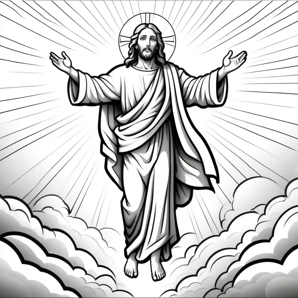 coloring page for kids, ascension jesus, no shading, thick lines, low detail