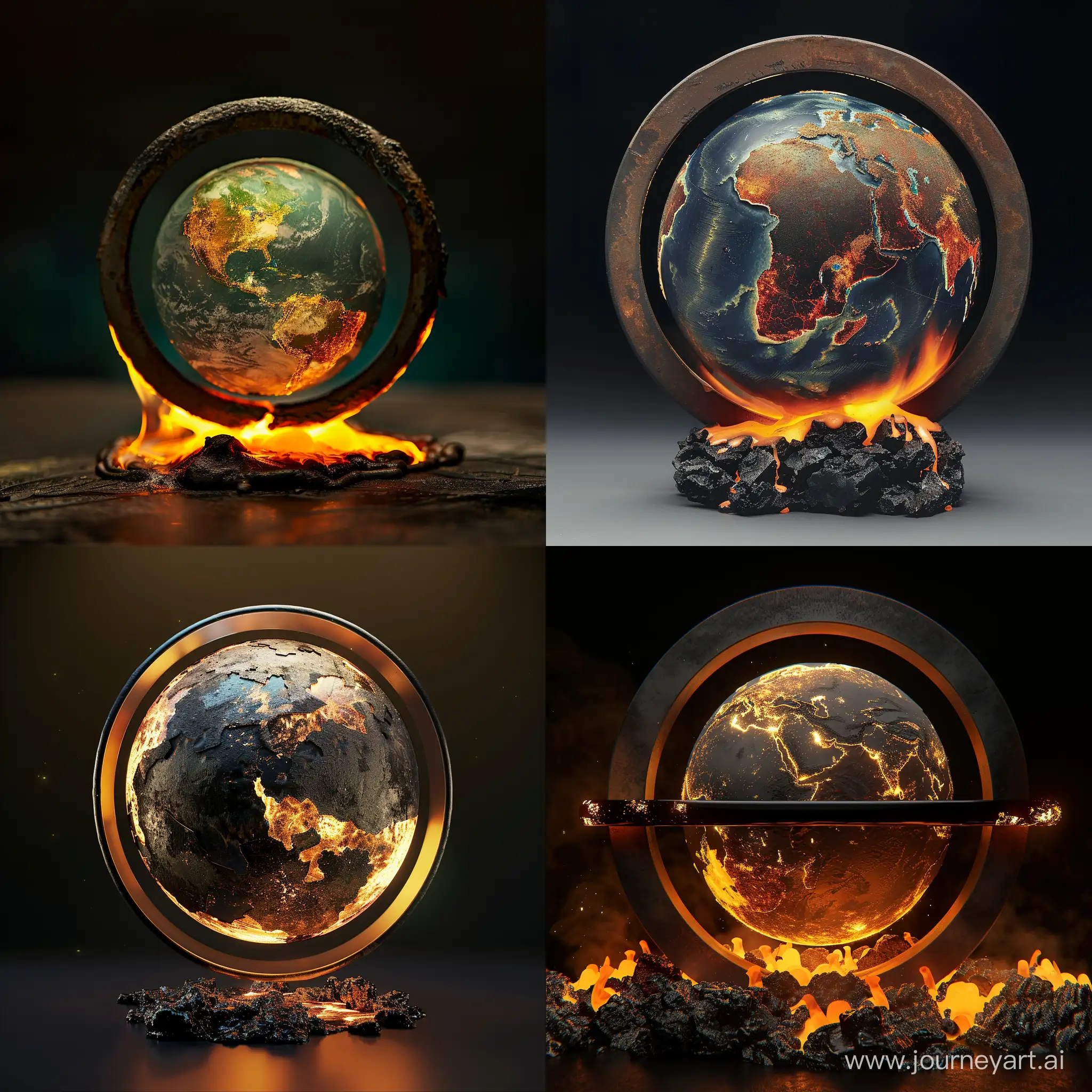 Molten-Iron-Globe-Sculpture-Abstract-Art-Piece-with-Circular-Bar
