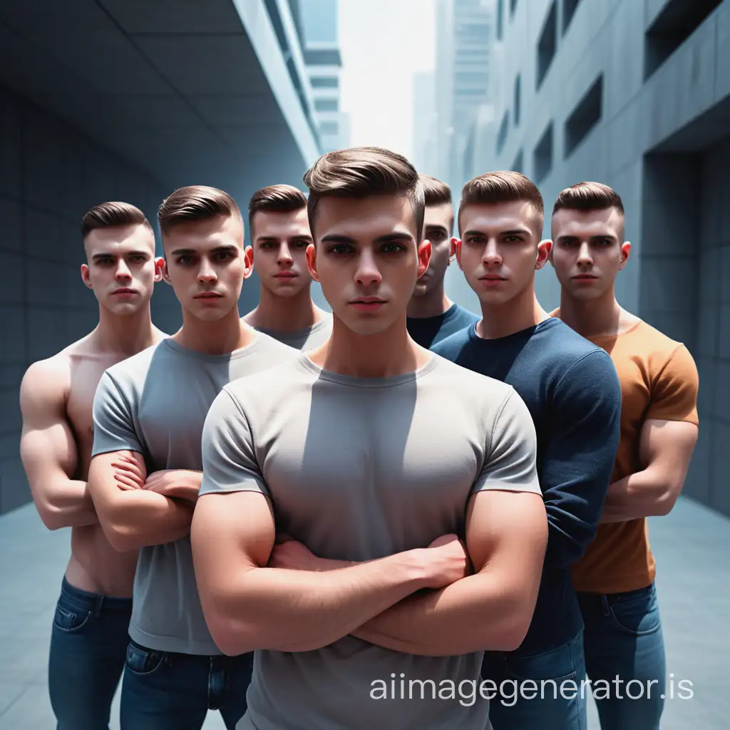 Create a group of 6 male friends with clean shaved face, facing camera, posing heroic group photo, high quality, high realistic,  science fiction,