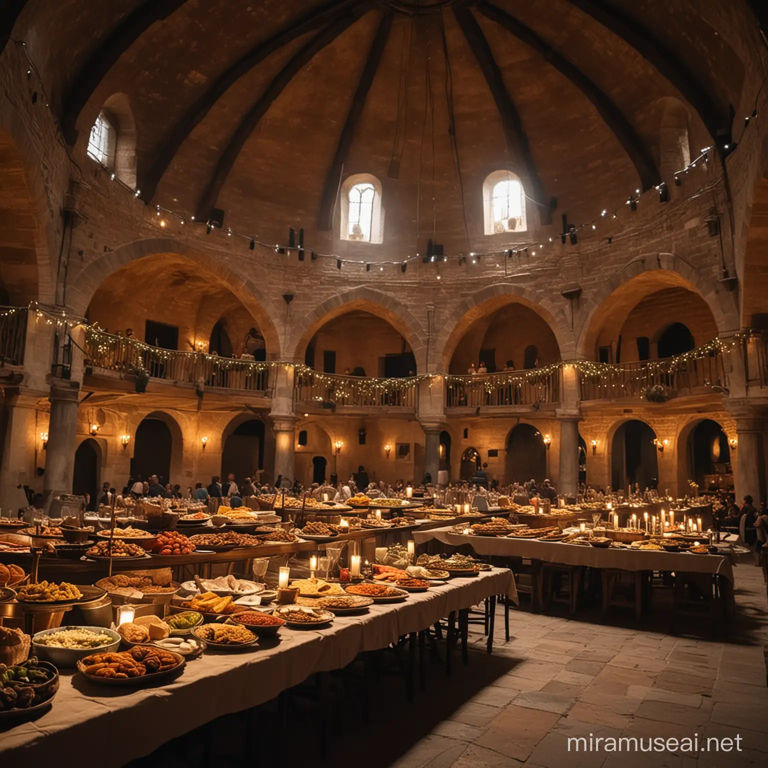 Photo Medieval Style: Close-up, a large, medieval, Caribbean dinner buffet in a roman style Dome. The scene takes place at night. Sigma 85mm F/1.4

