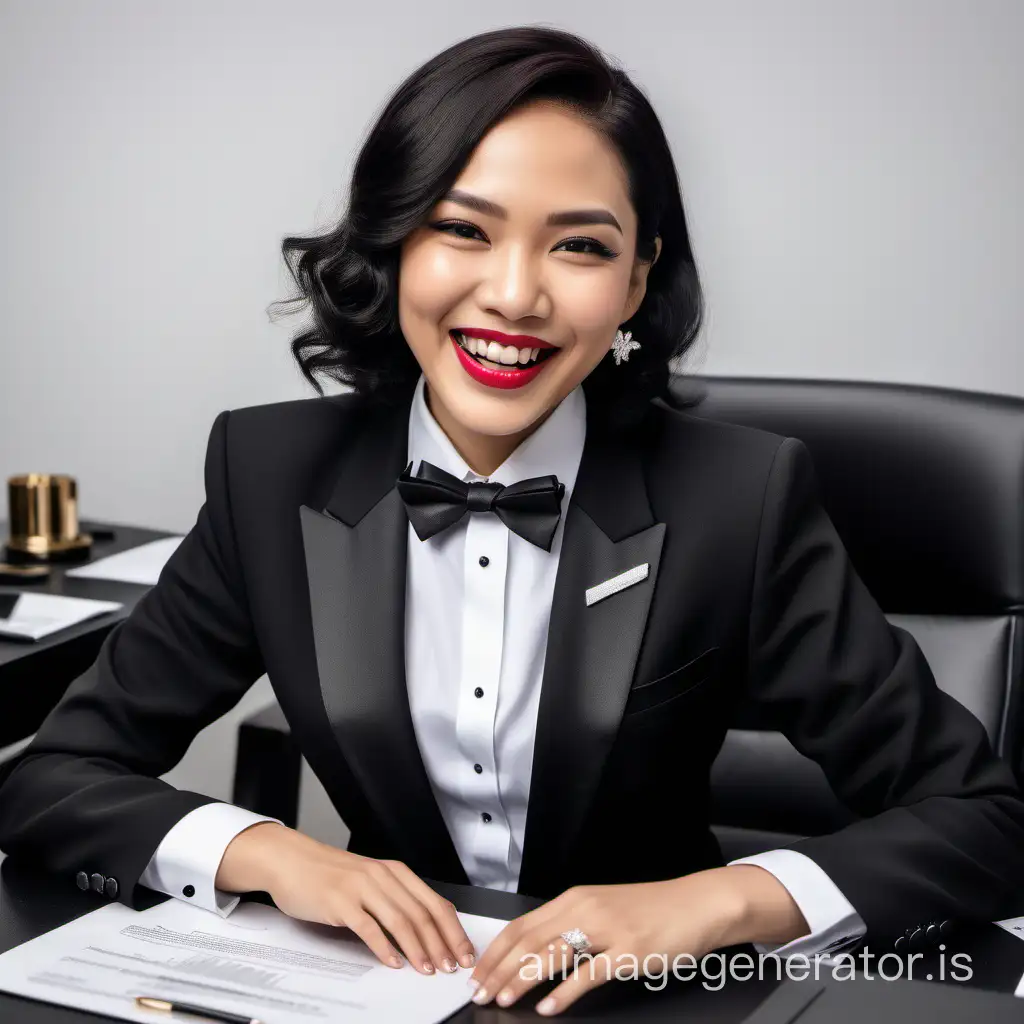 A sophisticated and confident bruneian woman with shoulder length hair and lipstick is seated behind a large desk.  She is wearing a black tuxedo with a black jacket.  Her shirt is white with double french cuffs and a wing collar.  Her bowtie is black.  Her cufflinks are silver.  She is smiling and laughing.