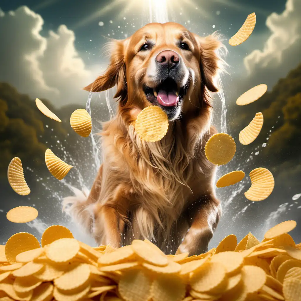 A majestic and happy golden retriever being showered in pringles chips in a fantasy scene