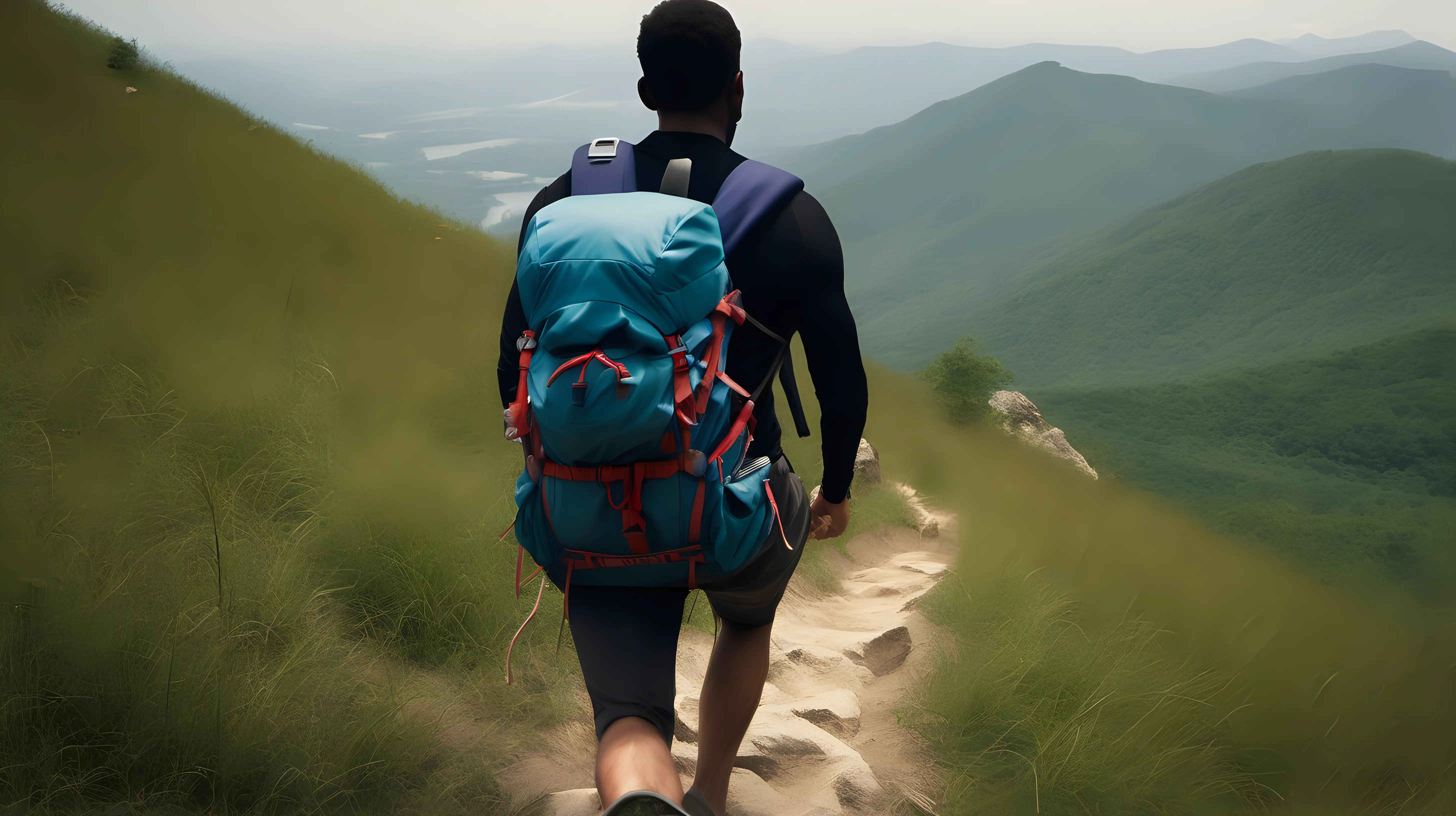 The back view of a person climbing a hill, their muscles defined by the strain, sweat marks visible on their backpack straps.