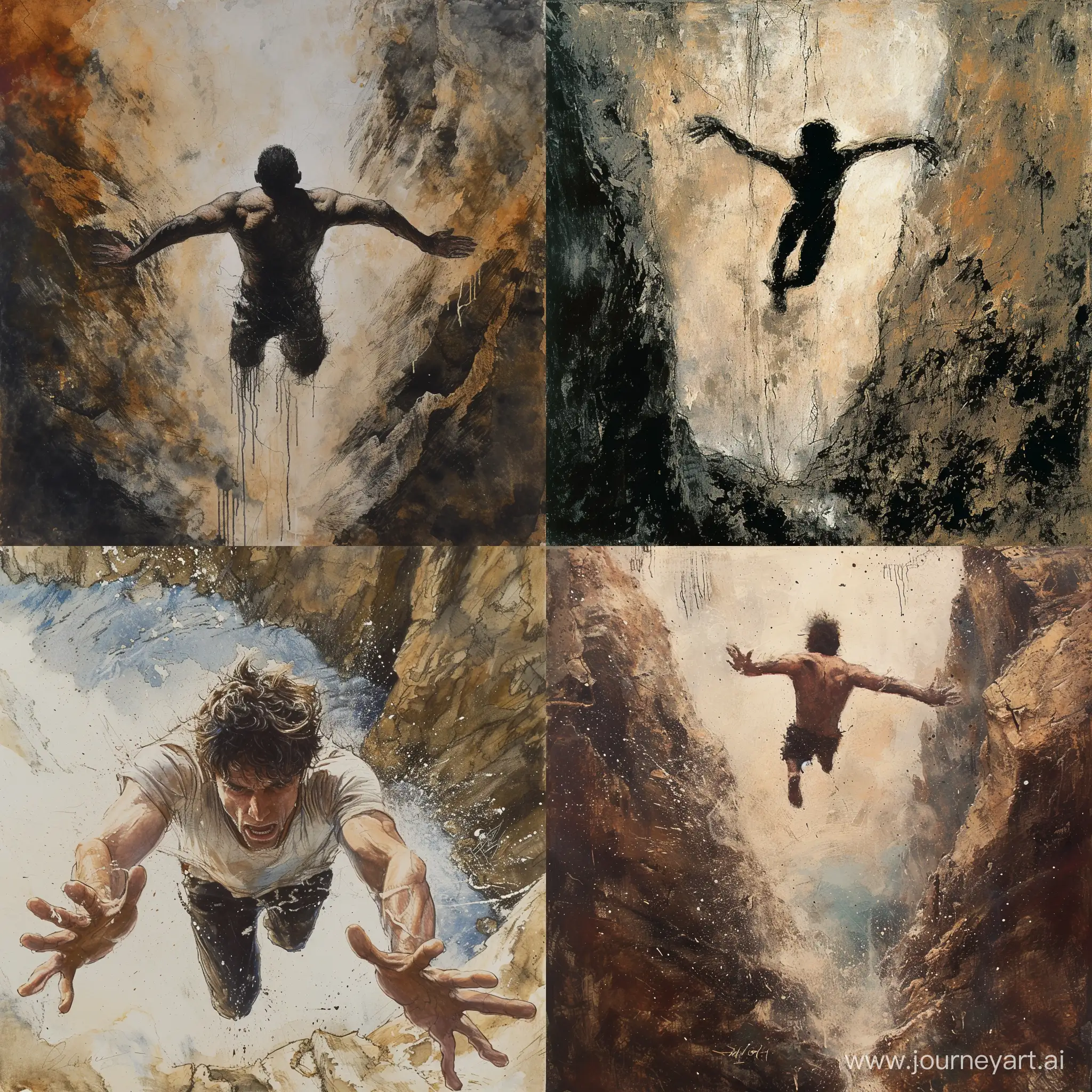 The image of a man who is throwing himself from the mountain to the bottom of the mountain, the man opens his two hands, the style of painting is with paint and pen.