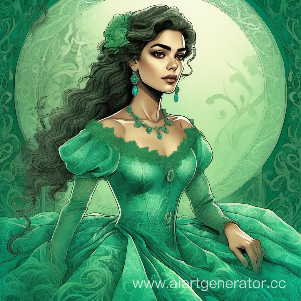 Высокое качество, иллюстрация в стиле Омара  Райяна , изображающая очень красивую 20 летнюю женщину, похожую на Анну Бренду Контрерас, одетую в красивое бирюзово-зеленое кружевное платье, зеленый туман, иллюстрация фантастически красива