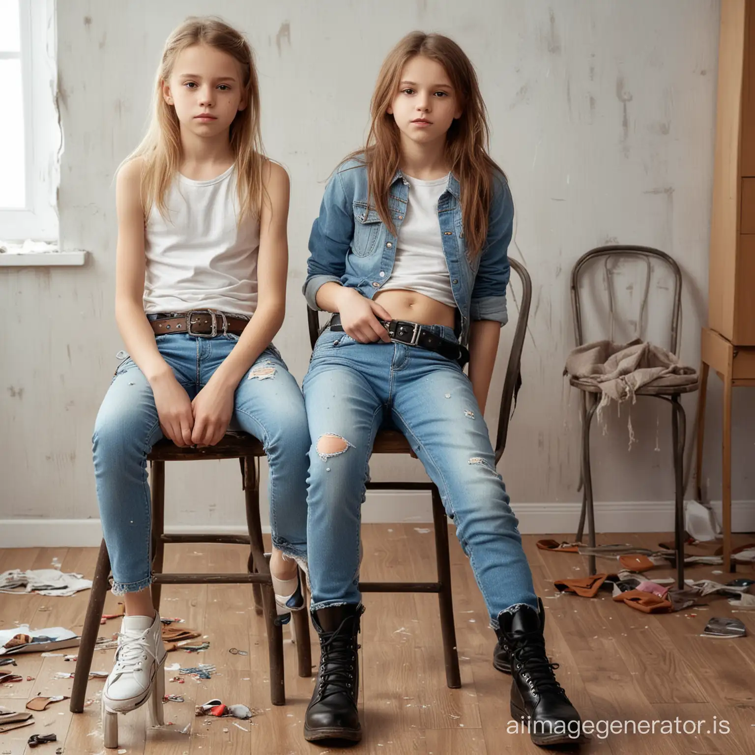 real photo of two ugly girls,13 years,sitting on a chair,skinny jeans with belt,stern face,messy children's room,Extremely Realistic,skin features