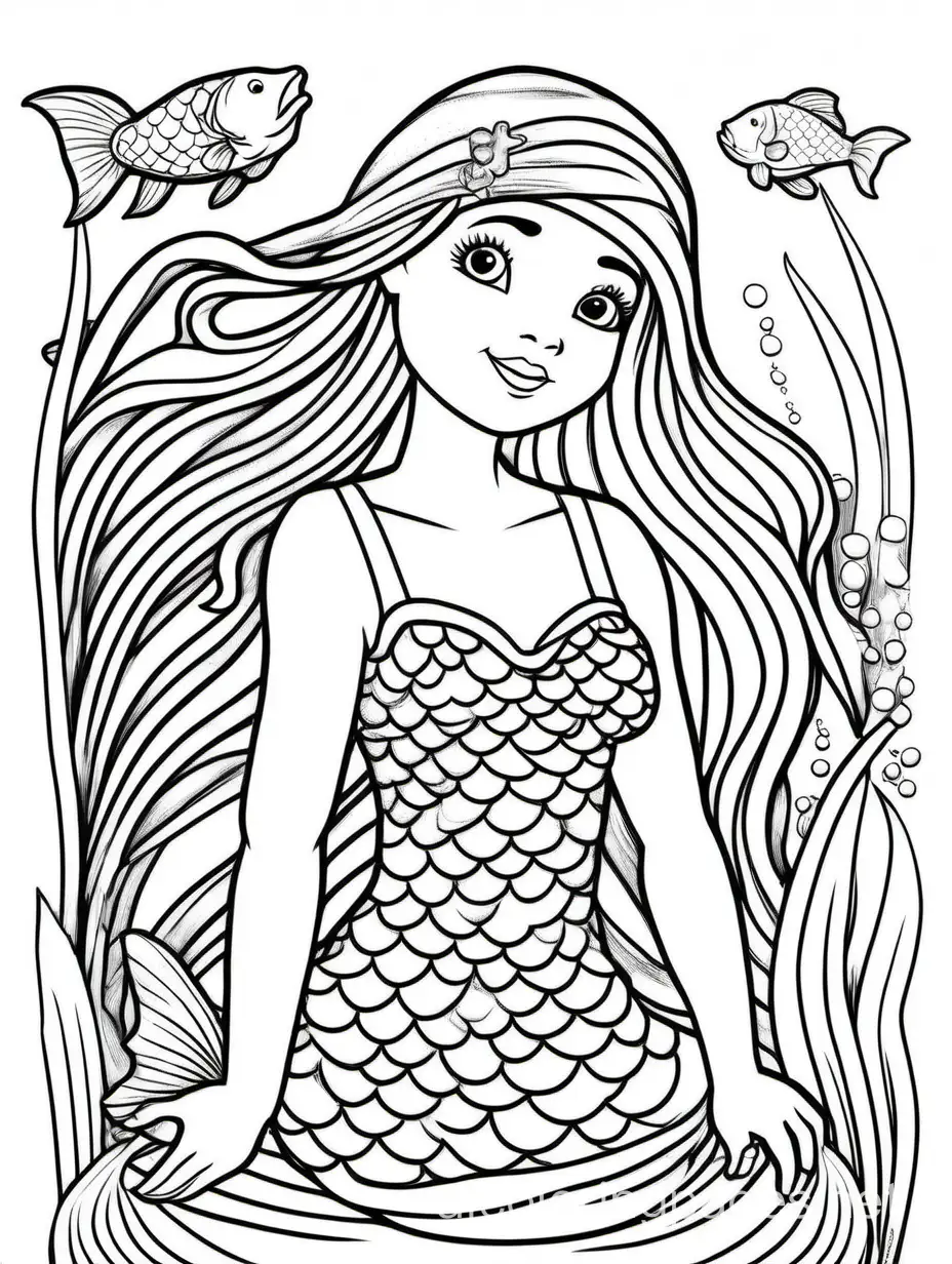 mermaid  for kids, Coloring Page, black and white, line art, white background, Simplicity, Ample White Space. The background of the coloring page is plain white to make it easy for young children to color within the lines. The outlines of all the subjects are easy to distinguish, making it simple for kids to color without too much difficulty