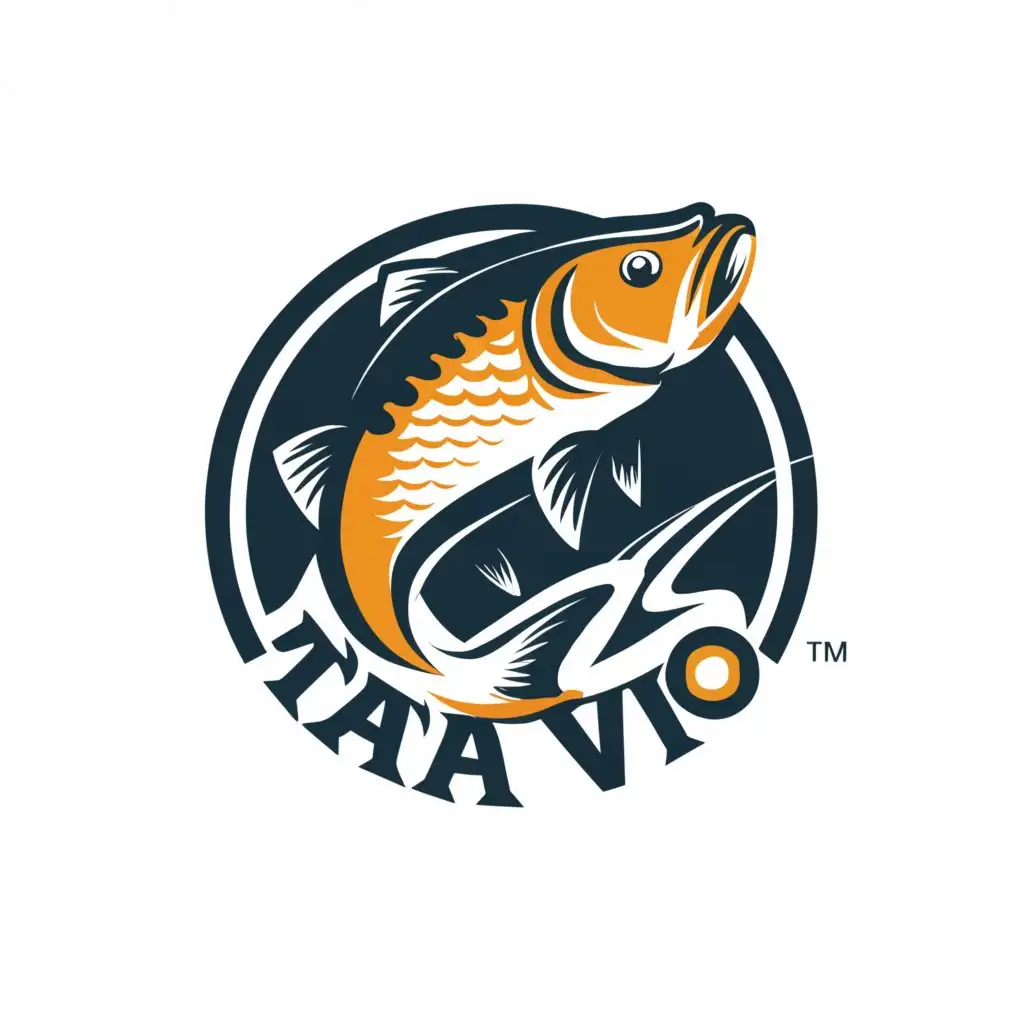 a logo design,with the text "Tata Vio", main symbol:A captivating logo of an expert carp fisherman, with cap, holding a large carp fish. The fisherman's face is focused and determined, with a sense of accomplishment. The carp is vibrant and alive, with intricate scales and a sleek body. The background is a serene pond, with lily pads and a gentle sunset. The slogan "Și pescuitul devine mai plăcut" is displayed in bold, cursive font, adding a touch of elegance to the overall design.,Moderate,clear background