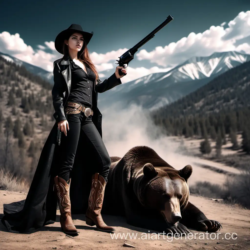 a cowboy girl with a gun in full-length black looks dramatically into the distance at us / a big bear lies next to us / against the background of epic mountains/ a wide angle of the composition