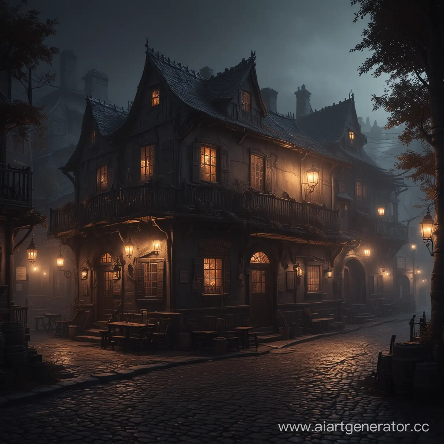 Dark-Fantasy-TwoStory-Tavern-Enigmatic-Glow-Amidst-Urban-Streets