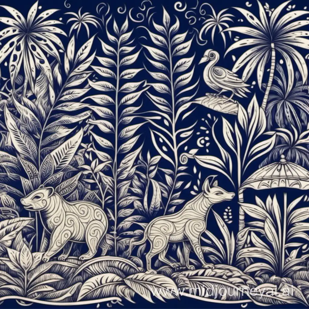 Balinese Batik Art Exquisite Line Drawings of Plants and Animals