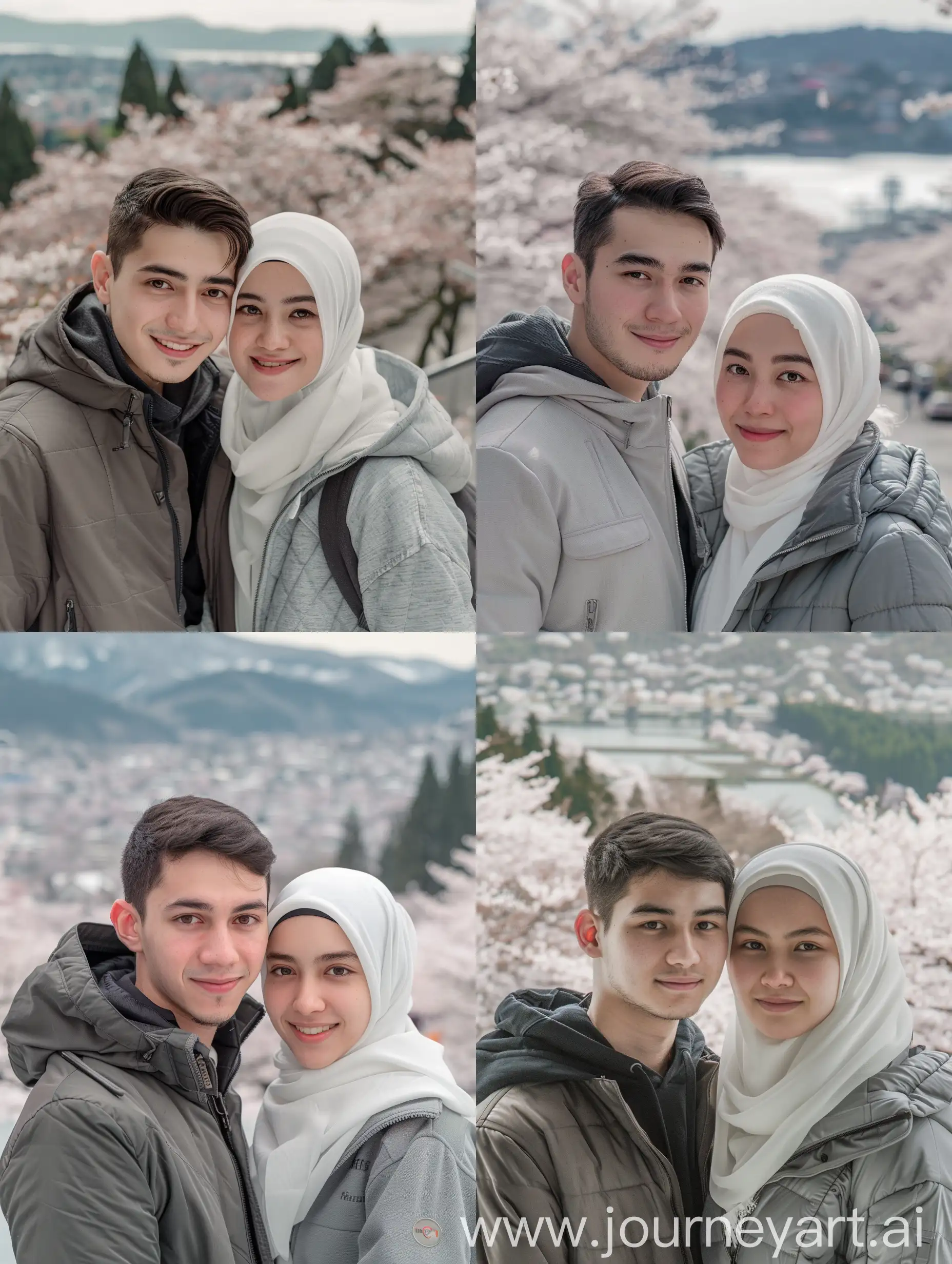 (8K, RAW Photo, Photography, Photorealistic, Realistic, Highest Quality, Intricate Detail), Medium photo of 25 year old Indonesian man, fit body, ideal body, oval face, white skin, natural skin, medium hair, wearing winter jacket, side by side with a 25 year old Indonesian woman wearing a white hijab, gray winter jacket, they smile facing the camera, their eyes look at the camera, the corners of their eyes are parallel to the Japanese view of many cherry trees in the background.