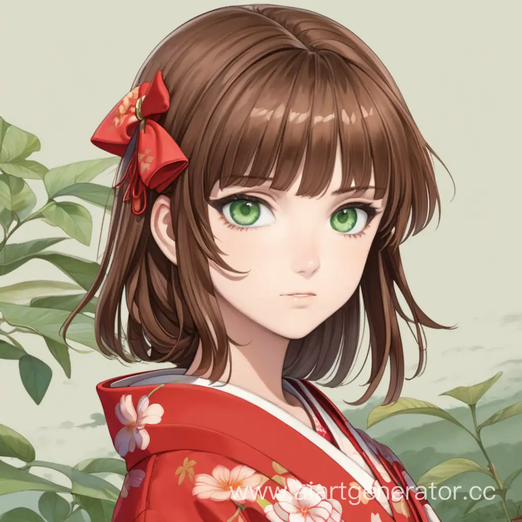 Девушка с зелеными глазами, с коричневыми волосами и в красном кимоно