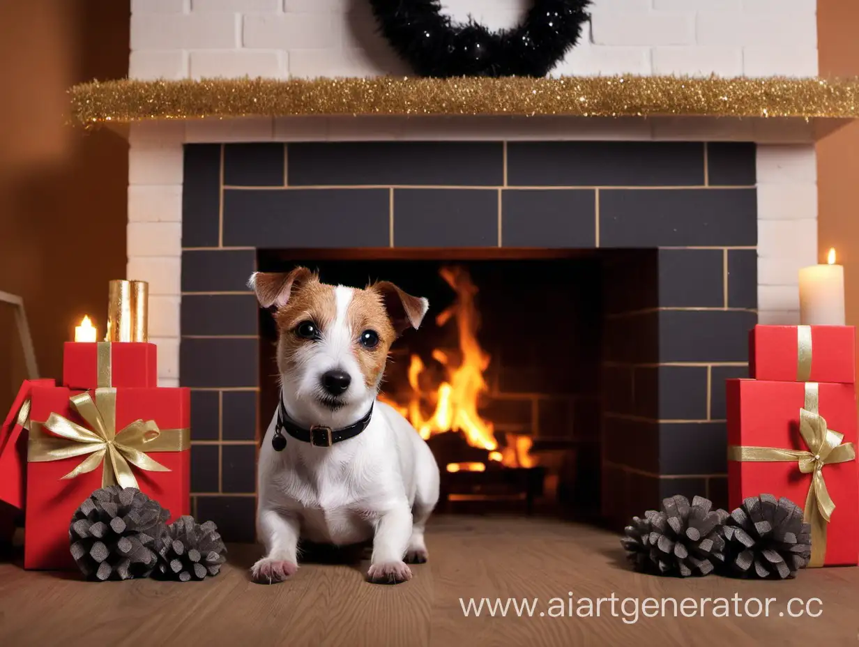  давай сделаем открытку на новогоднюю тематику с собакой породы Джек Рассел терьер  с камином 
