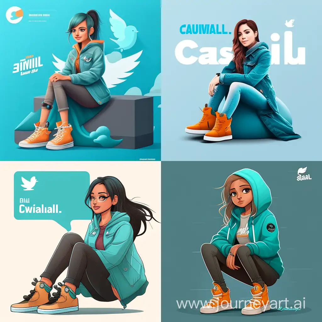 create a 3D illustration of an girl animated character sitting casually on top of a social media logo "Twitter". The character must wear casual modern clothing such as jeans jacket and sneakers shoes. The background of the image is a social media profile page with a user name "Jasmine" and a profile picture that match.