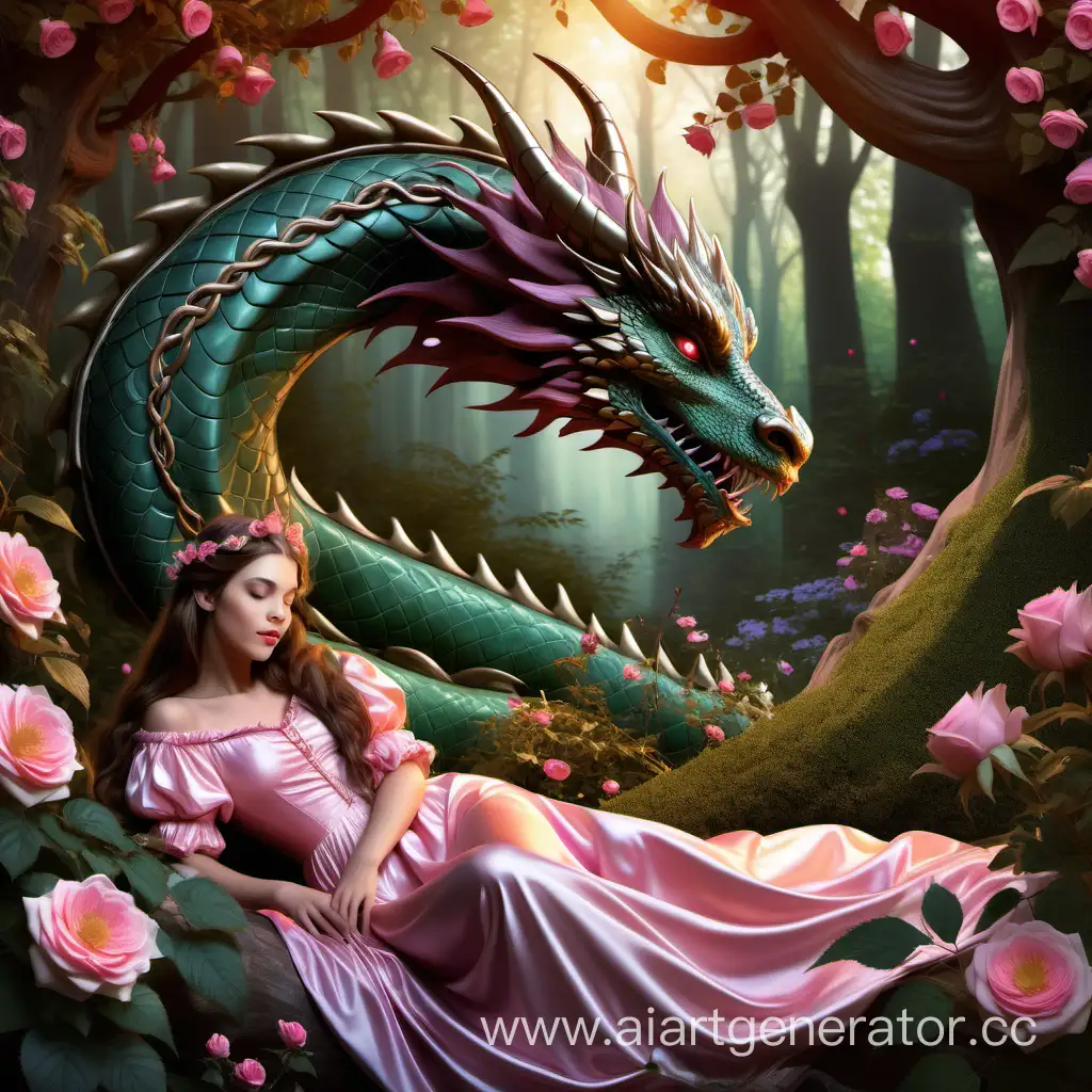 Спящая красавица смотрит на дракона  с длинными ухоженными заплетёнными коричневыми волосами красивыми карими глазами в прекрасном лесу среди диких кустов роз  с огромным красивым драконом который ее любит и защищает 