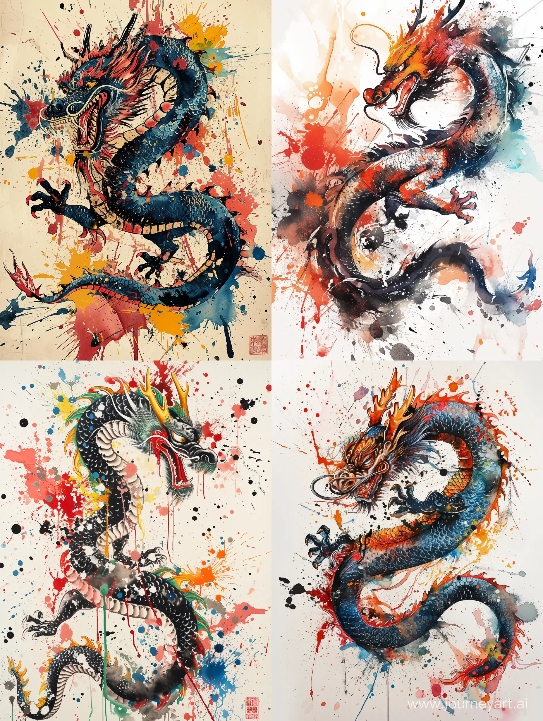 中国龙，泼墨，多色彩