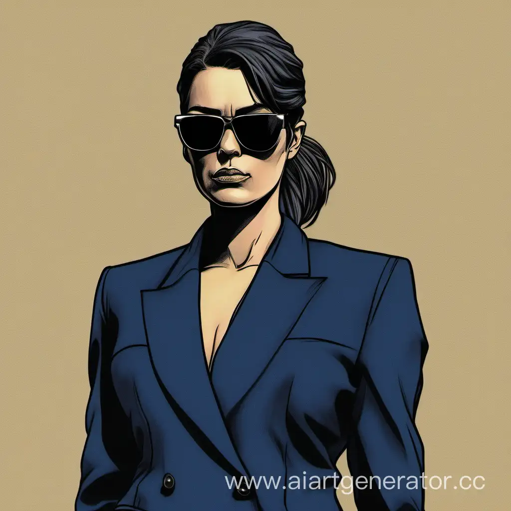Женщина-телохранитель , в темных солнечных очках , в костюме двойка темно синего цвета с одной пуговицей свободного кроя
