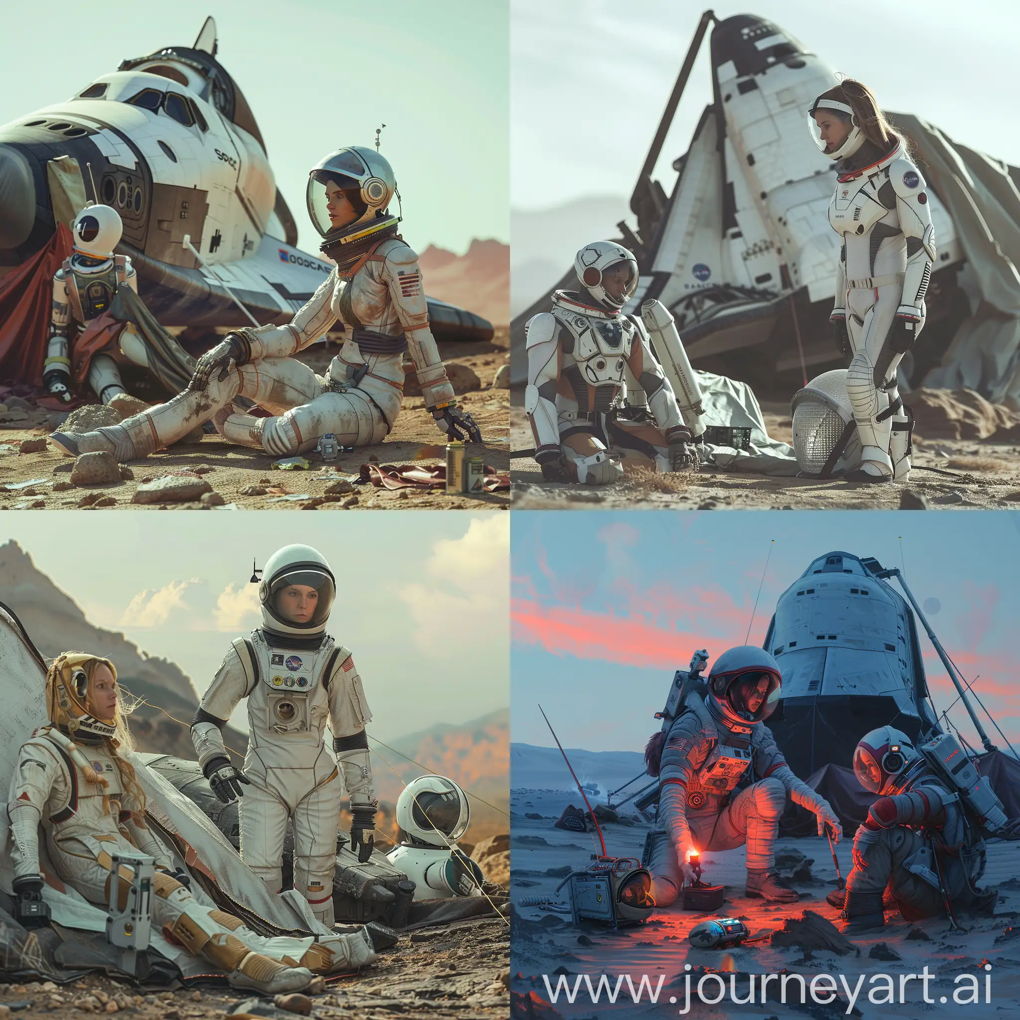 Female-Astronaut-Camping-Beside-Crashed-Space-Shuttle-with-Robot-Companion-on-Alien-Planet