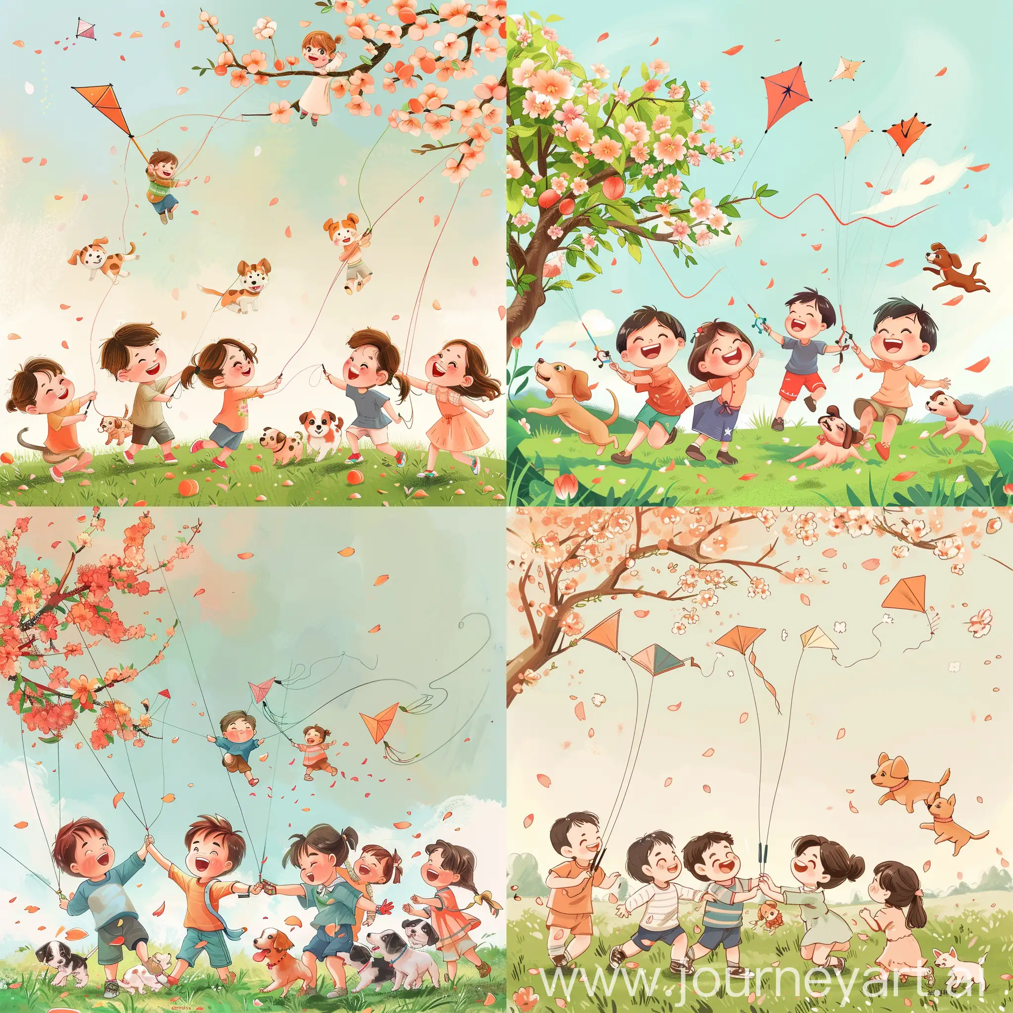 动漫风格，一群5岁的小朋友，两个小男孩，三个小女孩，在草地上放风筝，洋溢着笑容，身旁有几只小奶狗追着她们，有桃花，头发飘动