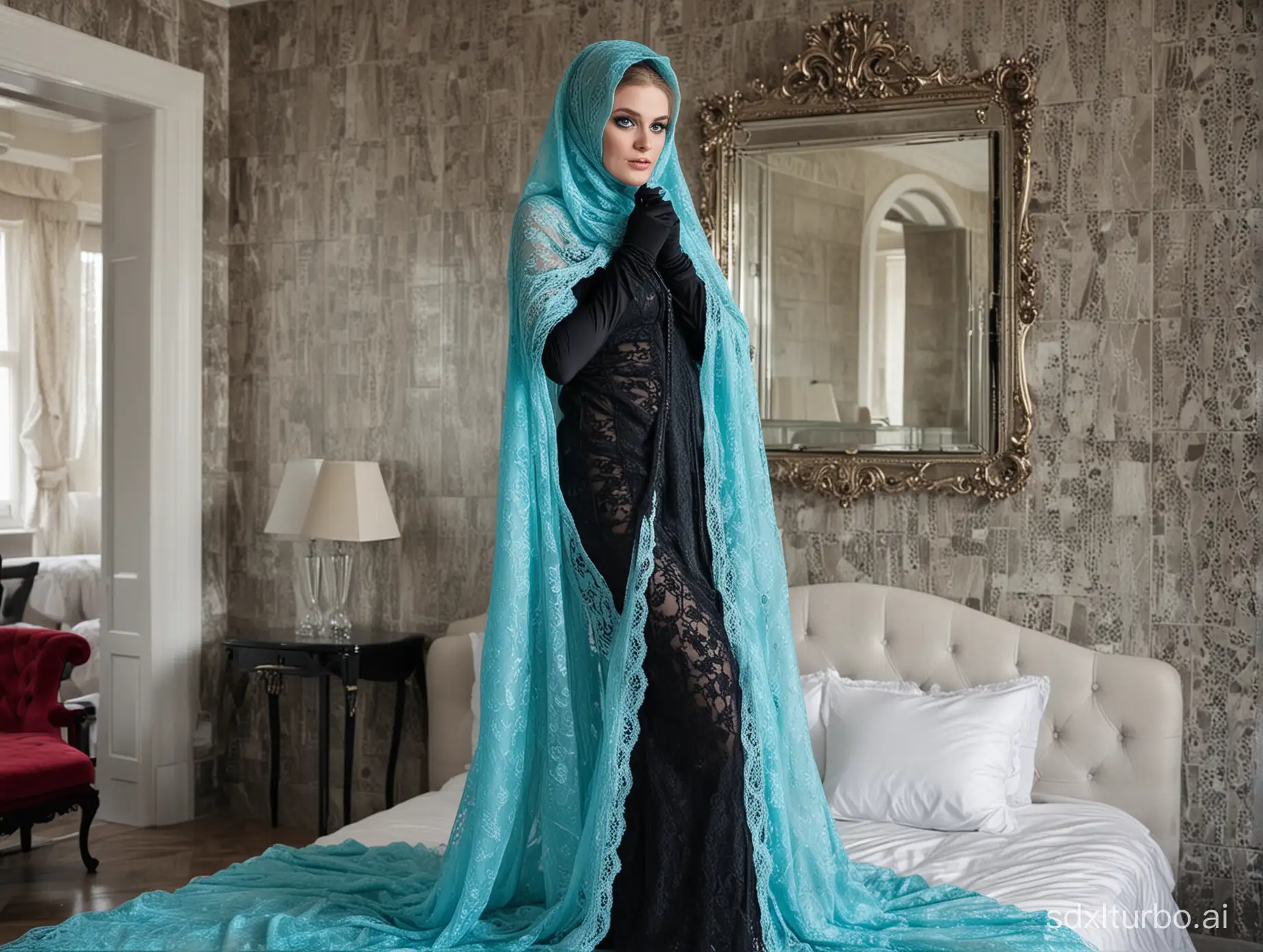 Sissy standing, constrained, blue eyes, fully turquoise burka. Covered head, mask on mouth, head covered with a transparent lace veil, eyes masked. Black gloves. Black high-heeled shoes. Luxury room, marble wall and red satin bed. Mirror in the background.