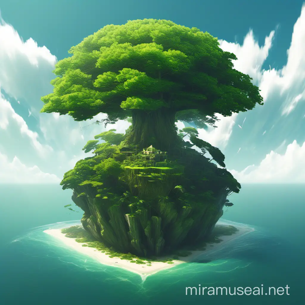 Летающий остров с огромным деревом по центру. Одна половина острова и дерева цветущая и зелёная, а другая половина мёртвая и пустая. Вид на остров с боку
