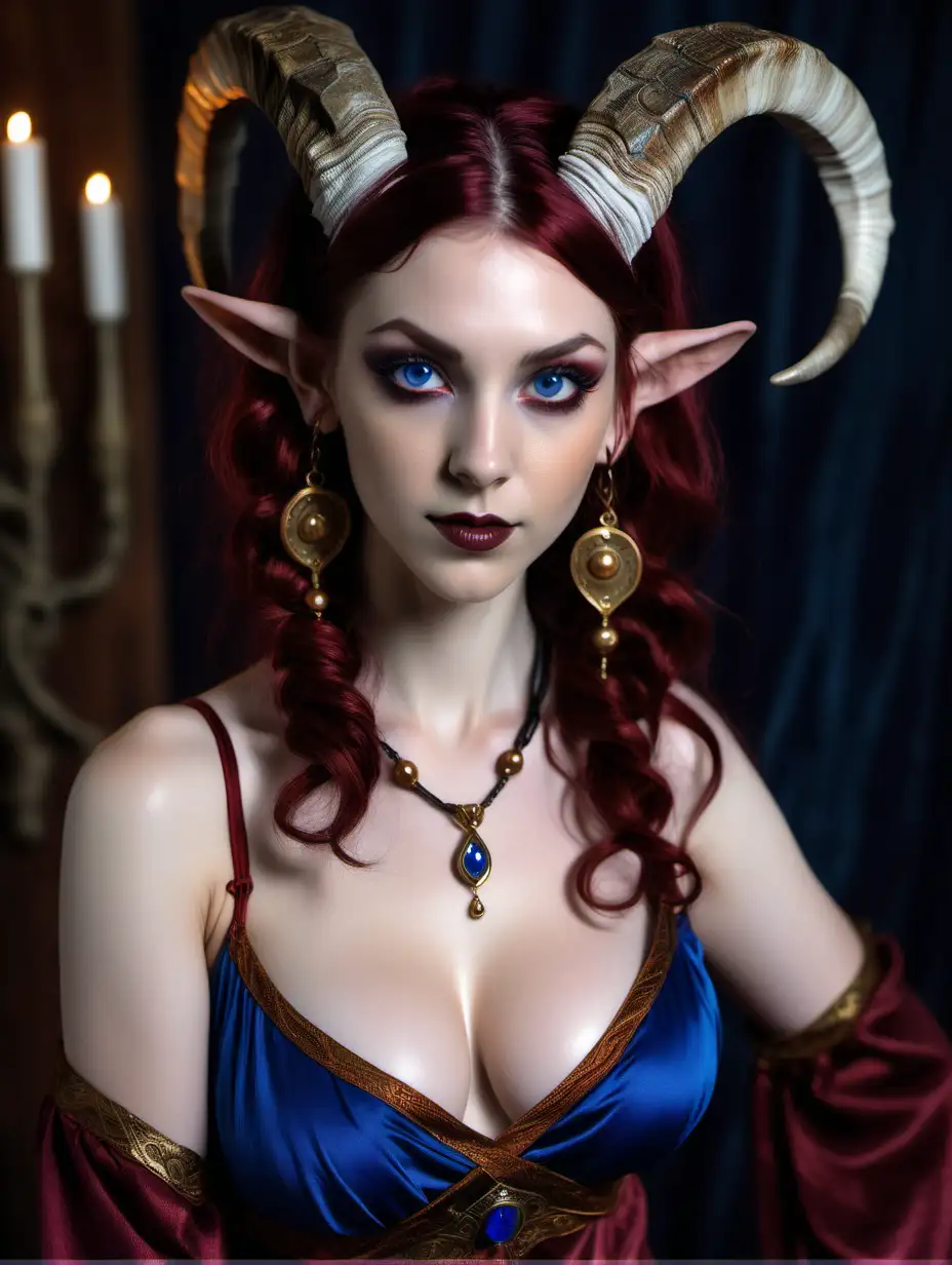 Innocent, Seductive and alluring, the fortune teller beckons you forward. Her cream skin and amber eyes are common in faunfolk of the area. Her short goat horns and long faun ears speak of her turkish saytr heritage. Large breasted yet petite, her athletic frame is more suited to a dancer.  Burgundy, blue, and gold silks adorn her and a single sapphire rests in a circlet on her brow.  Dark red hair is twisted into silken braids. The musty air swirls in echos an old cathedral library. Bustypetite , double d cups, turkish, stiff nipples , topless