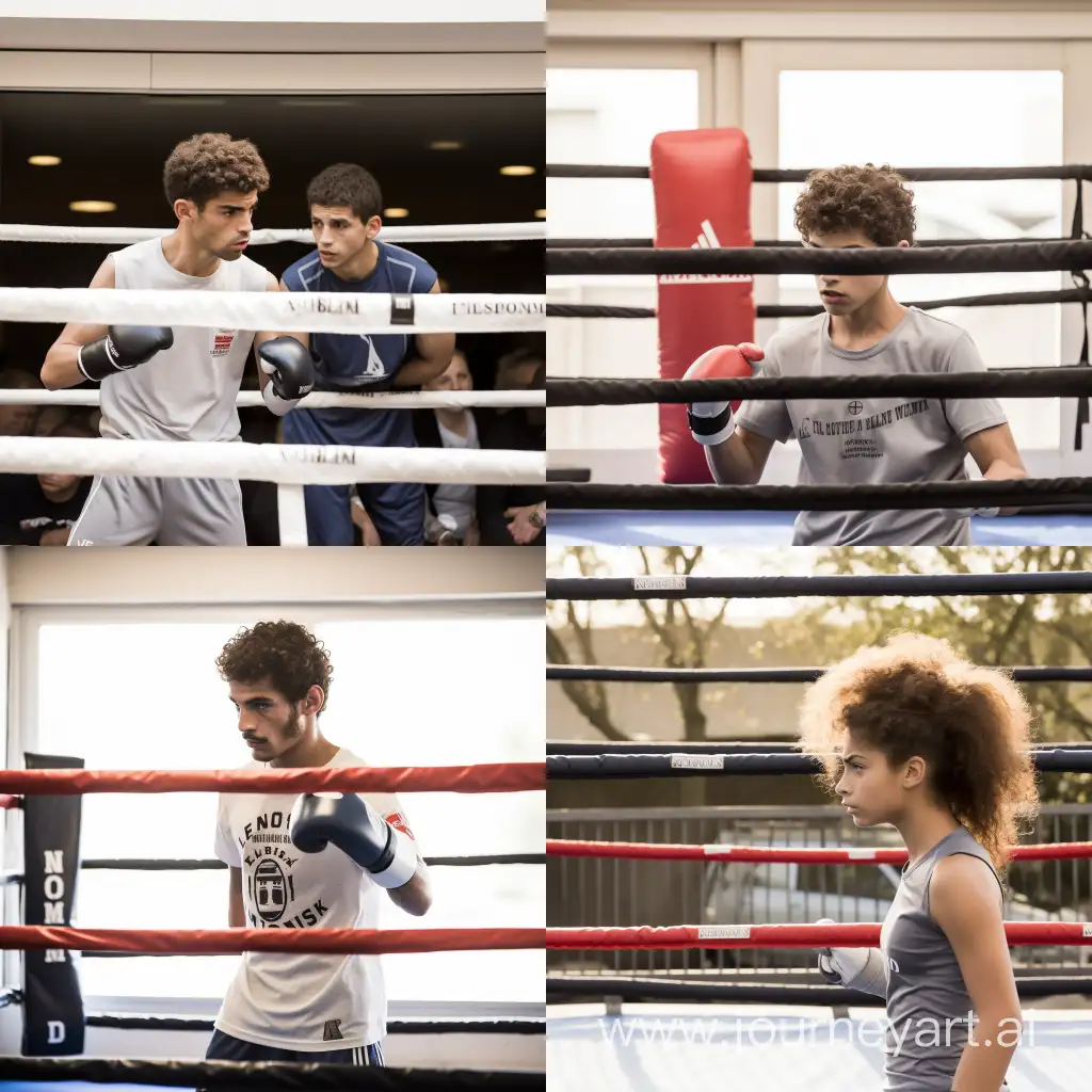  boxing match between a boxer wearing a 'Nord Ding' branded t-shirt and a 17-year-old boy. The boy has curly hair, is dressed in loose jeans, and sports sneakers. His t-shirt prominently displays the word 'mineur.' This confrontation takes place in front of the entrance of a school building clearly labeled 'Al Amal' on its facade, realistic